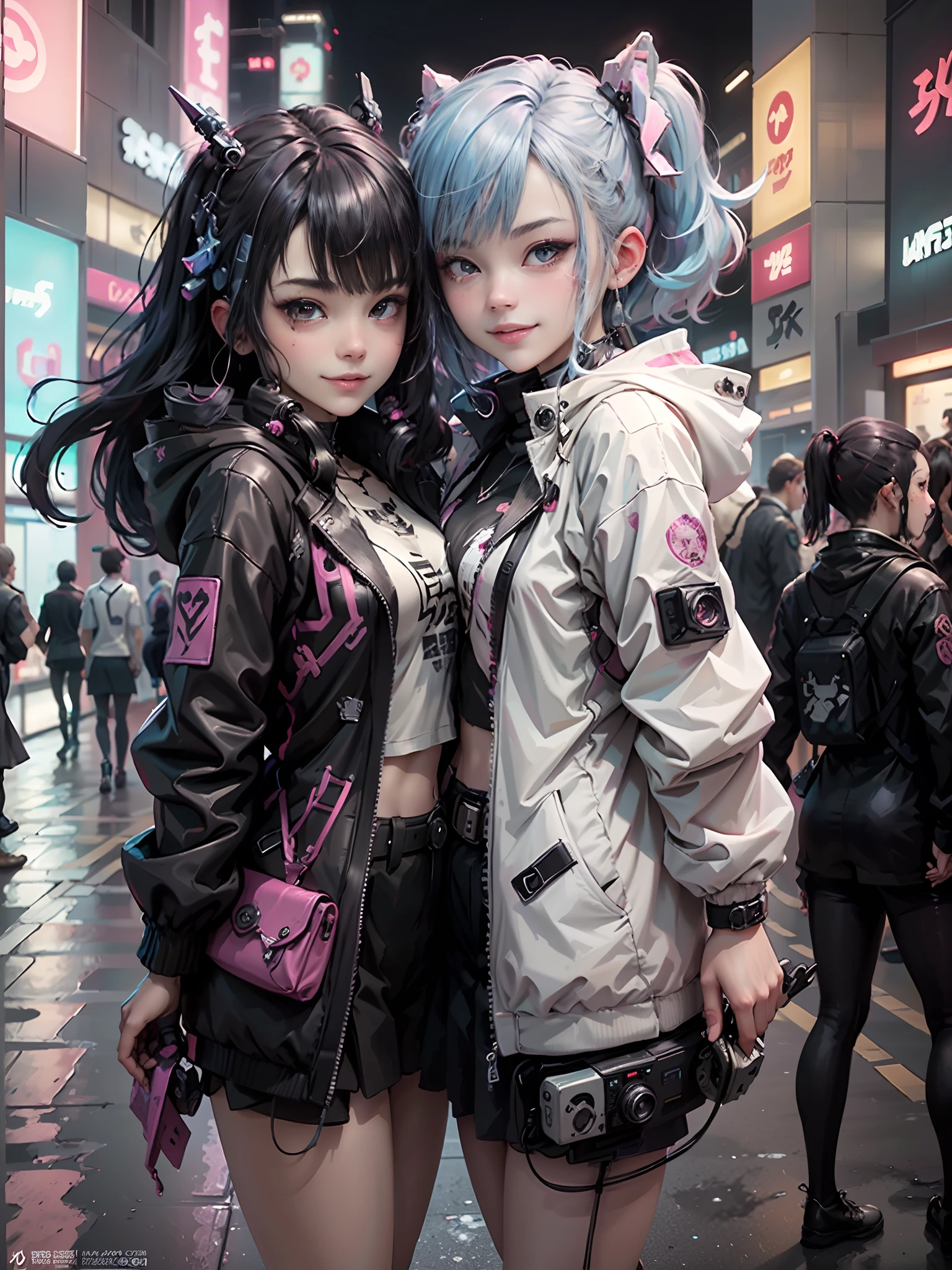 Anime masterpiece, best quality, (((2 smiling aged cyberpunk girls ((wearing detailed Harajuku tech jackets)) standing together taking selfie portrait))), (((Harajuku cyberpunk clothing)))), bold colors and patterns, eye-catching accessories, trendy and innovative hairstyle))), ((insane detail)), dazzling Cyberpunk cityscape, skyscrapers, glowing neon signs, (LED lights), anime illustration, detailed skin texture, detailed cloth texture, beautiful detailed face, intricate details, ultra detailed, cinematic lighting, strong contrast.