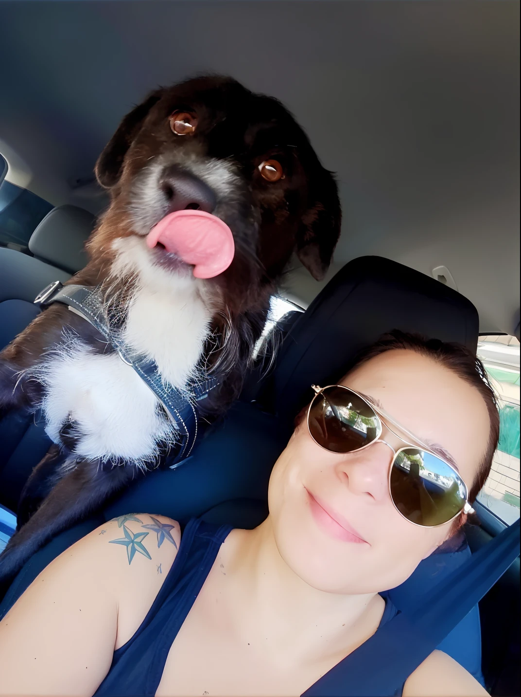 there is a woman and a dog sitting in the back seat of a car, selfie of a dog, profile image, vacation photo, jenna barton, 3 0 years old woman, 30 years old woman, malika favre, with dogs, having fun in the sun, both smiling for the camera, sitting in her car, in the sun, photo portrait, extremely