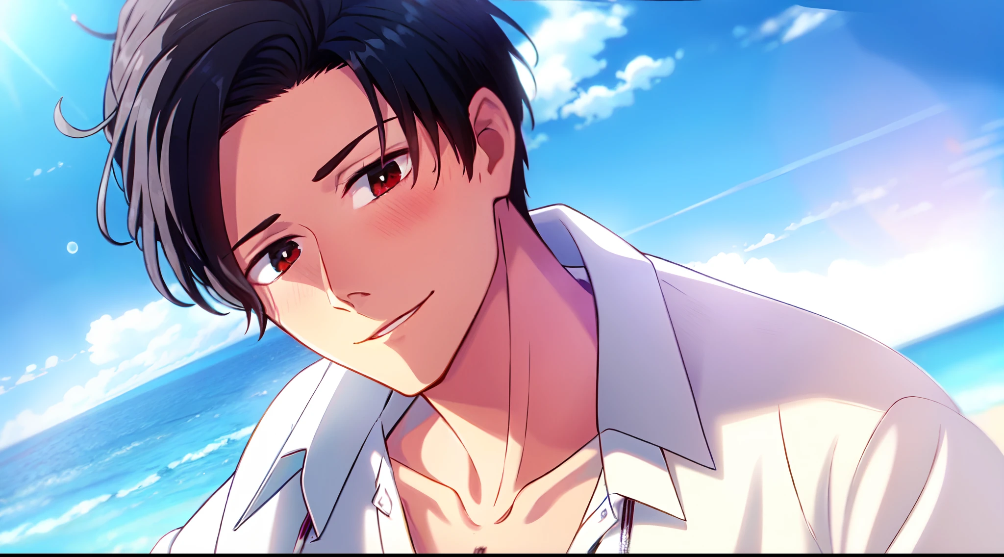 masterpiece, (1Boy), luci, red eyes, black hair, look at viewer, blush, light smile, (Beach), close up, (blue sky), (white colared shirt)