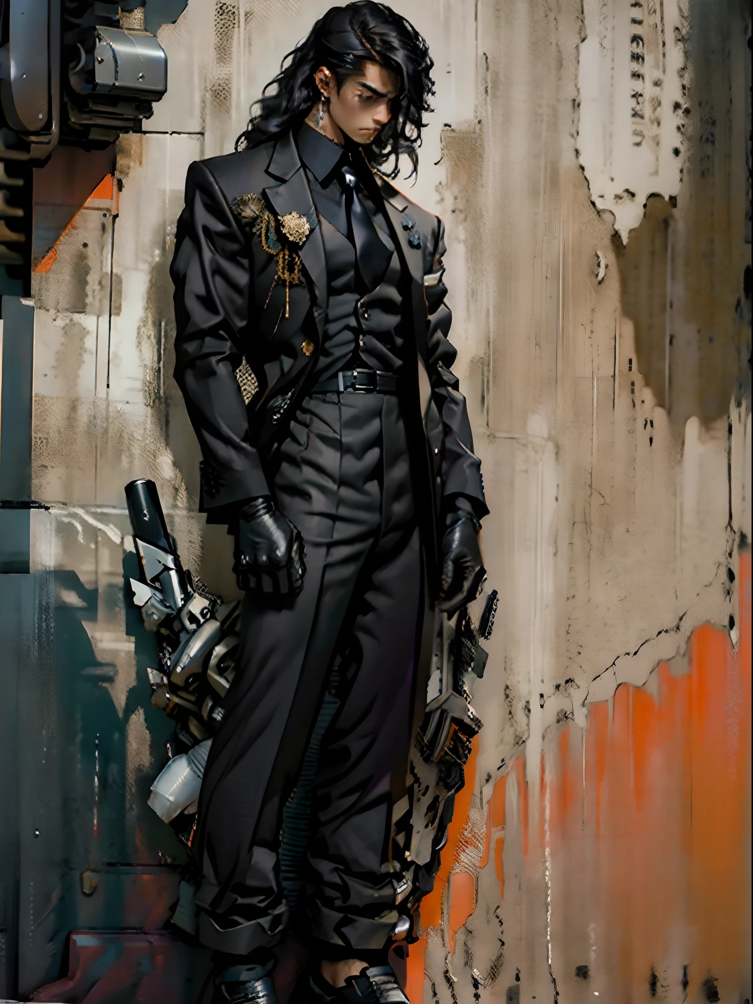 Best quality, masterpiece, ultra high resolution, surrealism, an 25 years old male, perfect body, brown eyes, tough look, full body standing on ground, assassin, weapons, ((black tuxedo with silk tie)), strong pose, military gloves, holding hand gun, long hair, dangerous looking