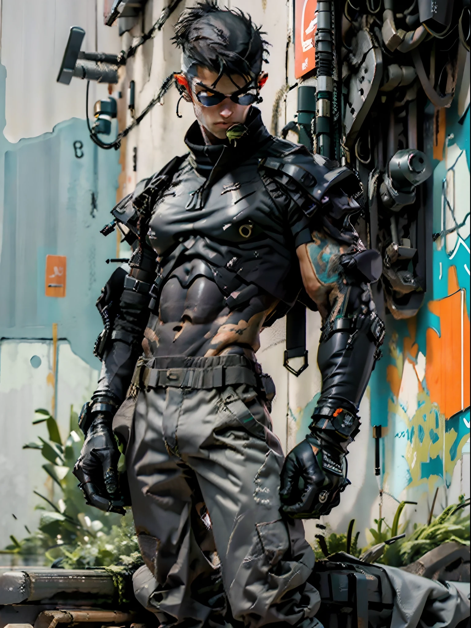 Best quality, masterpiece, ultra high resolution, surrealism, an 25 years old female, perfect body, brown eyes, tough look, full body standing on ground, assassin, weapons, assassin gear, cyberpunk, strong pose, military gloves, dark green army gear, black tank top, tight fitted armour, long slim legs, pantyhose, long black punk head, super exotic, dangerous looking, tattoos, punk rock, skinny