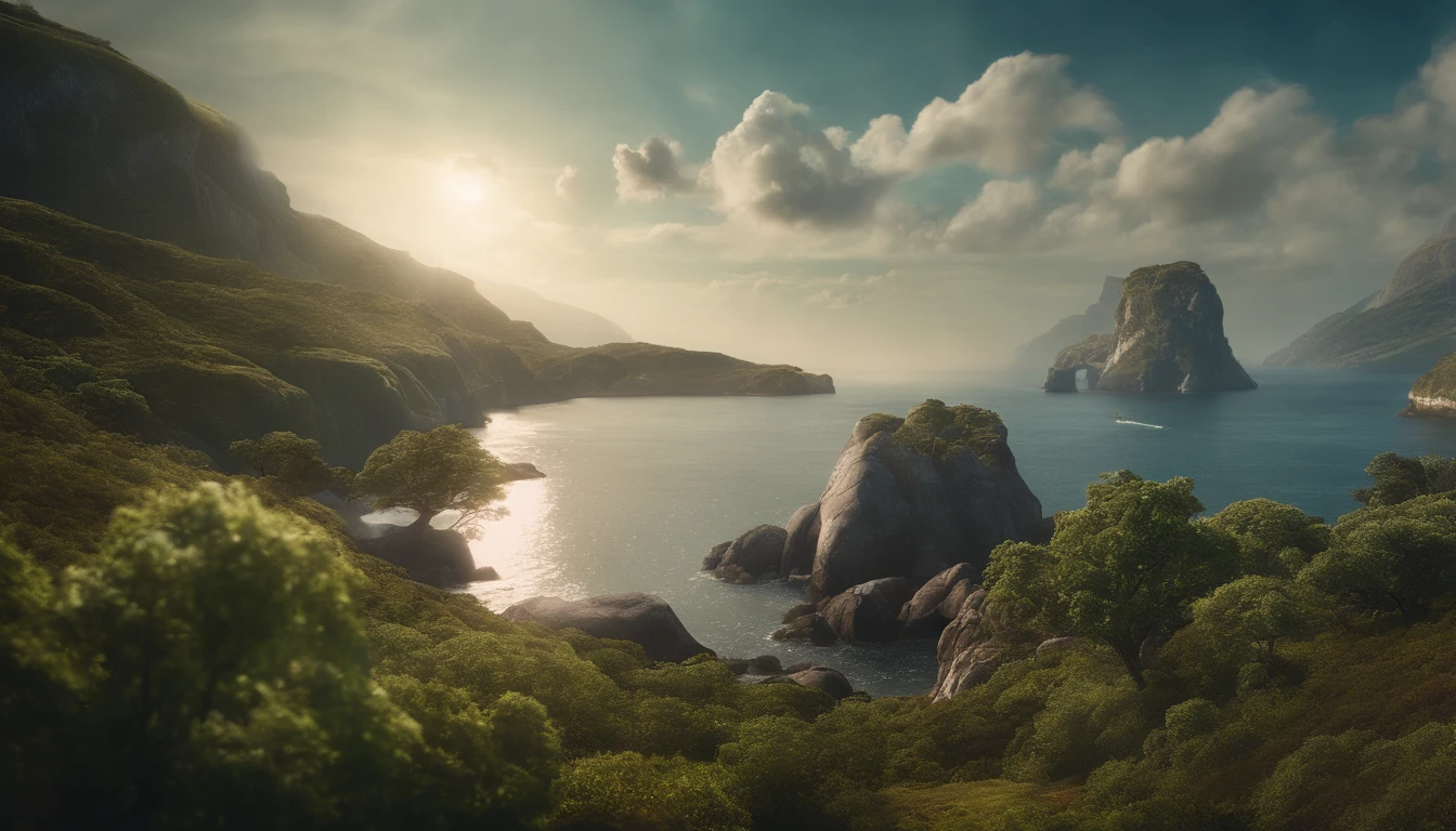 Game poster of Ethertia, science fiction, fantasy, ether particles in far sky. sea, island with huge cliffs and dense giant trees. The sky has a fantasy effect, and the edge of the world is composed of sci-fi ether particles, like an edge-breaking distortion of an ether effect. sci fi, ultra realistic, nature, giant sea, ether particles in far sky