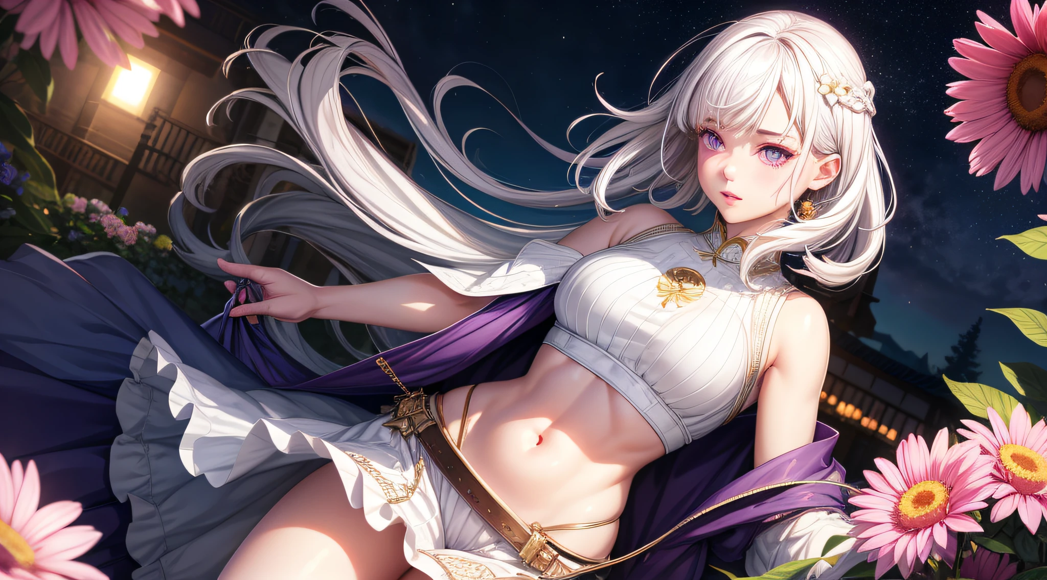 Create a character with white hair, smooth, falling to her waist, From the waist up,