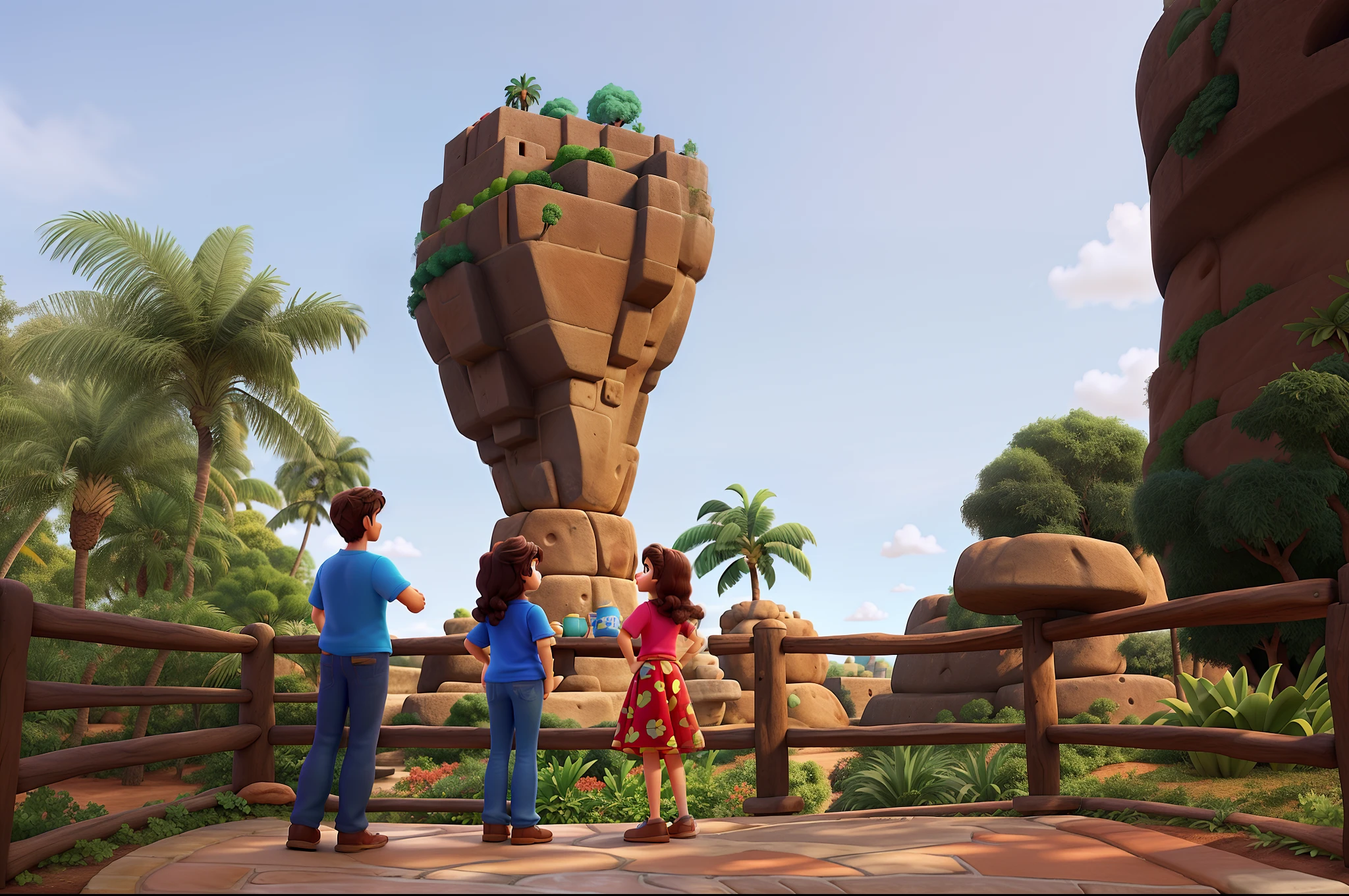 a poster of the Disney-style 3D film from Pixar with the text "Vila Velha", a large stone-shaped cup, with 2 palm trees in the background, and some more trees, blue sky, few clouds, with tourists taking photos