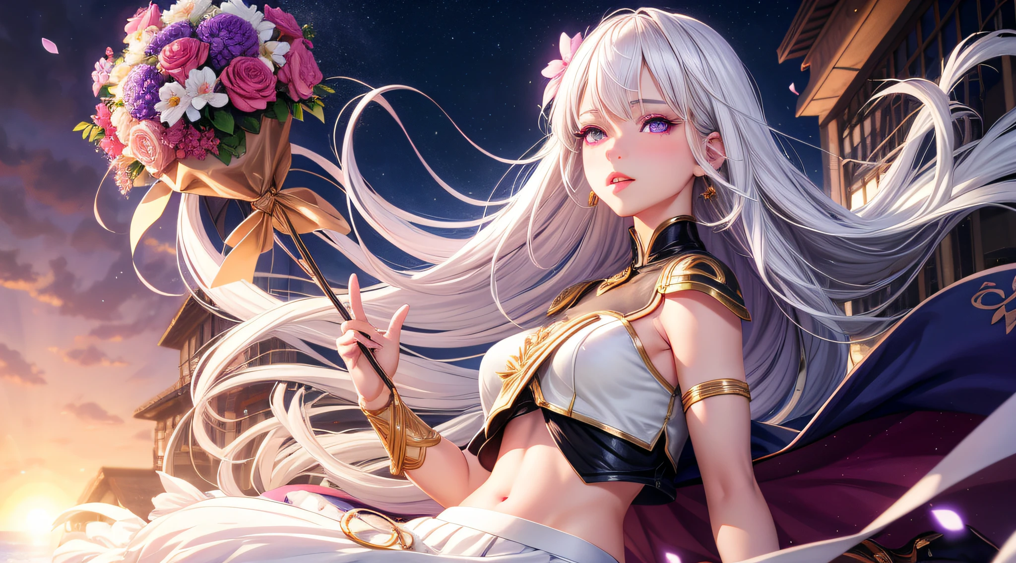 realistic, 1girl, white hair, purple eyes, glowing eyes, crop top, skirt, parted lips, blush, night, flowers, sun, sunlight,