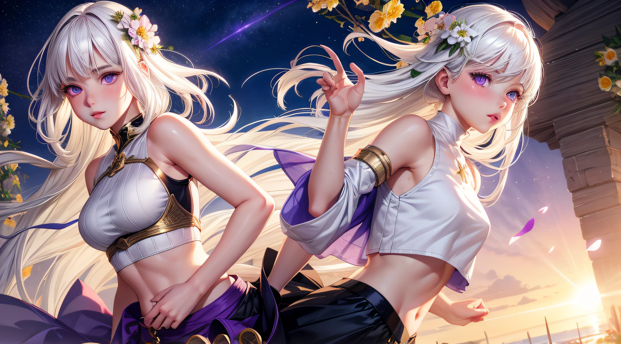 realistic, 1girl, white hair, purple eyes, glowing eyes, crop top, skirt, parted lips, blush, night, flowers, sun, sunlight,