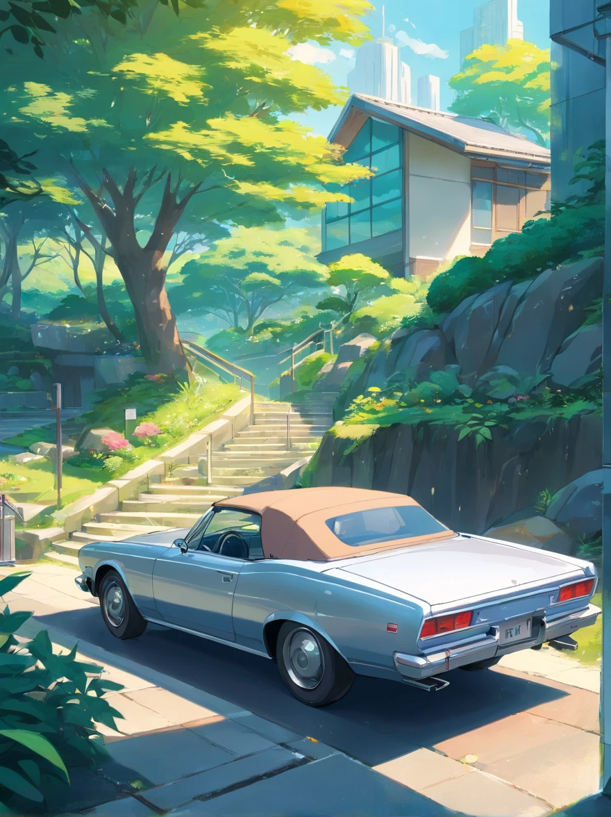 Painting of a silver convertible car at a ultra modern bungalow with rocks and lush vegetation, city in the background, california, Anime background art, Anime landscape, Highly detailed illustration, anime style cityscape, Makoto Shinkai's style, anime backgrounds, Anime landscapes, in the style of makoto shinkai, drawn in anime painter studio, beautiful anime scenery, Anime landscape concept art, Digital painting