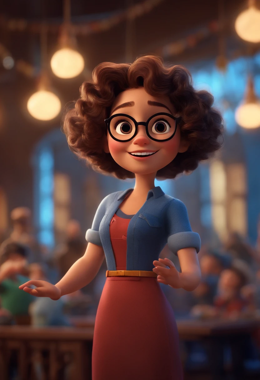 Pixar style image with 3D character white glasses brunette woman short curly hair dancing, Maquiagem Disney,Pescador, bonitinho, sorridente ,Close-up, Pixar, Disney, Cinema lighting,
