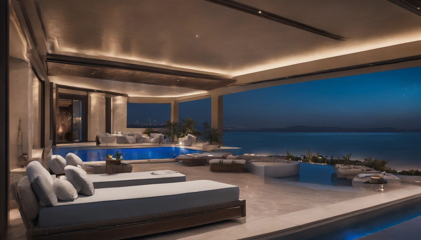 (((Night in Dubai))),((Tower Hotel)),Mountains and seas in the distance,((The outdoor living room on the hill is a large open veranda)),Moody ocean blue pool,((A strong blue light lit up from the bottom of the pool envelops the area)),(High-quality flooring by the pool),Cushions for relaxation,(Starry sky),Mysterious Sea,4k,An ultra-high picture quality,Luxury space,Moody indirect lighting,houseplant,rich,Rich,VIP,VIP Moments