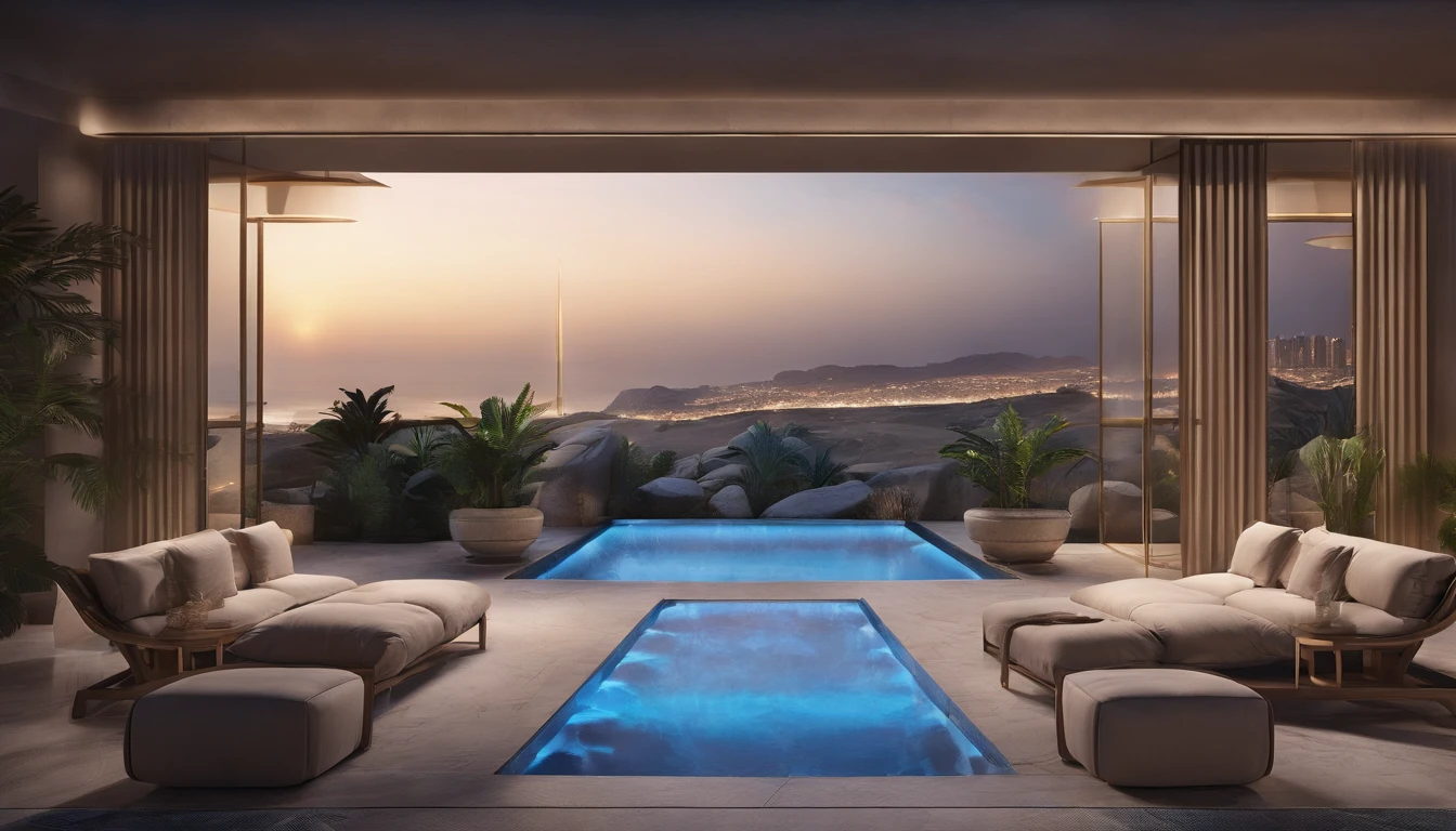 (((Night in Dubai))),((Tower Hotel)),Mountains and seas in the distance,((The outdoor living room on the hill is a large open veranda)),Moody ocean blue pool,((A strong blue light lit up from the bottom of the pool envelops the area)),(High-quality flooring by the pool),Cushions for relaxation,(Starry sky),Mysterious Sea,4k,An ultra-high picture quality,Luxury space,Moody indirect lighting,houseplant,rich,Rich,VIP,VIP Moments