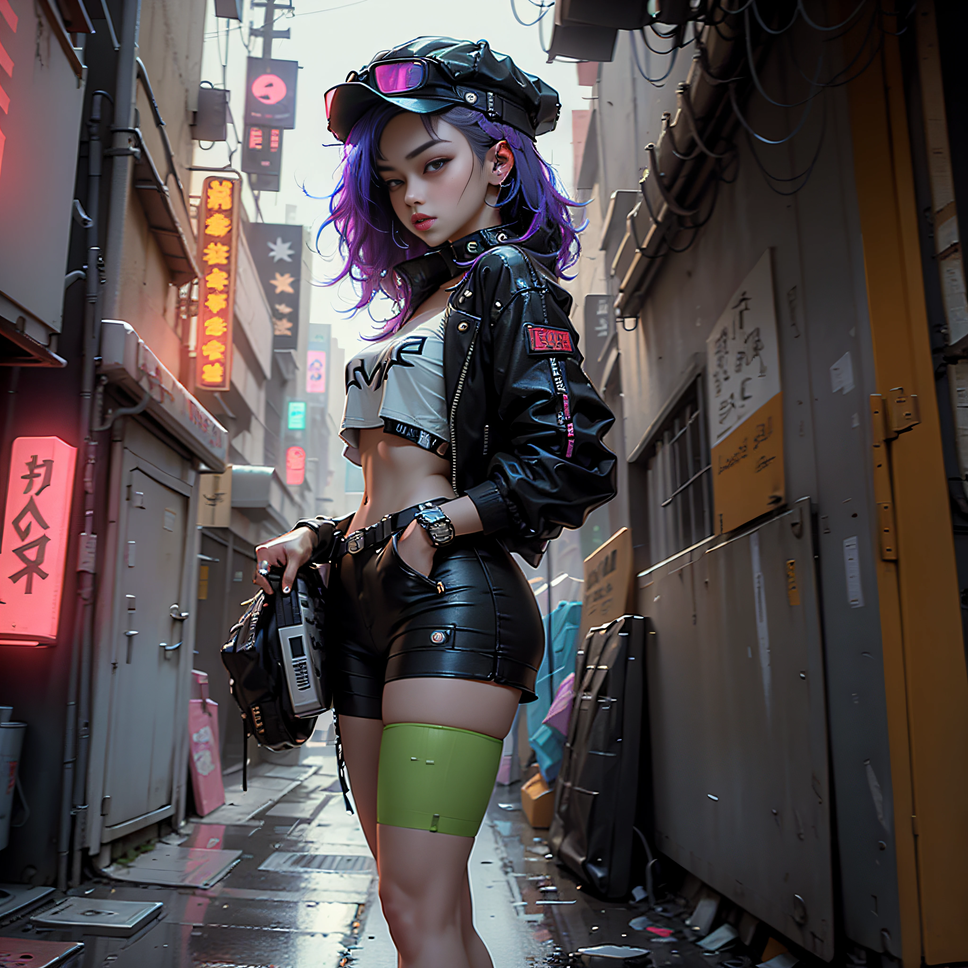 Beautiful woman medium hair, wearing cap, cyberpunk style short clothes