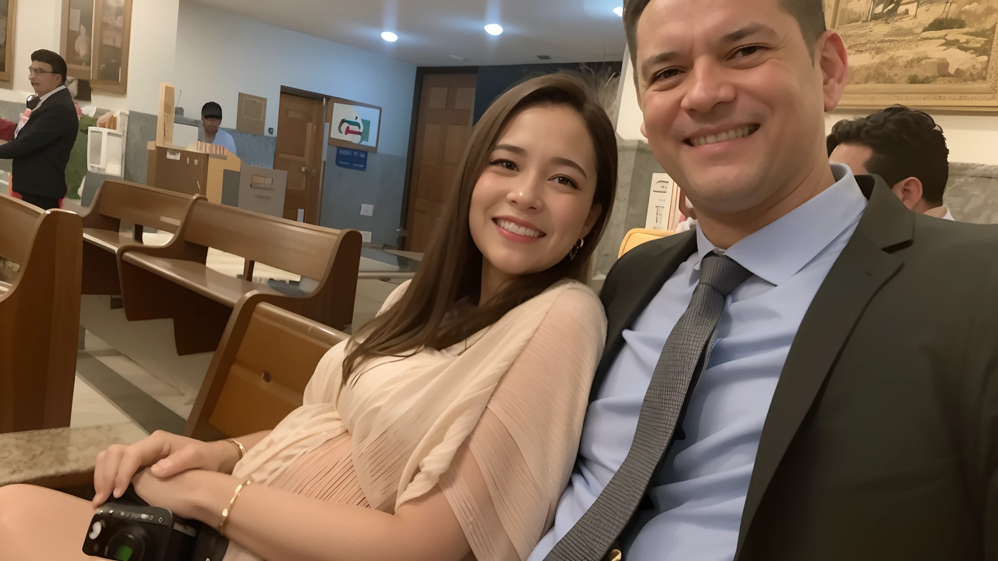 casal sorridente sentado em bancos da igreja com a mulher no vestido rosa, Directed by: Daniel Lieske, Natasha Tan Maciej Kuciara, Directed by: Nandor Soldier, Postagem 4k, 4 k post, casal feliz, taken in the early 2020s, Malika Favre, Fotografia tirada em 2 0 2 0, divertindo-se