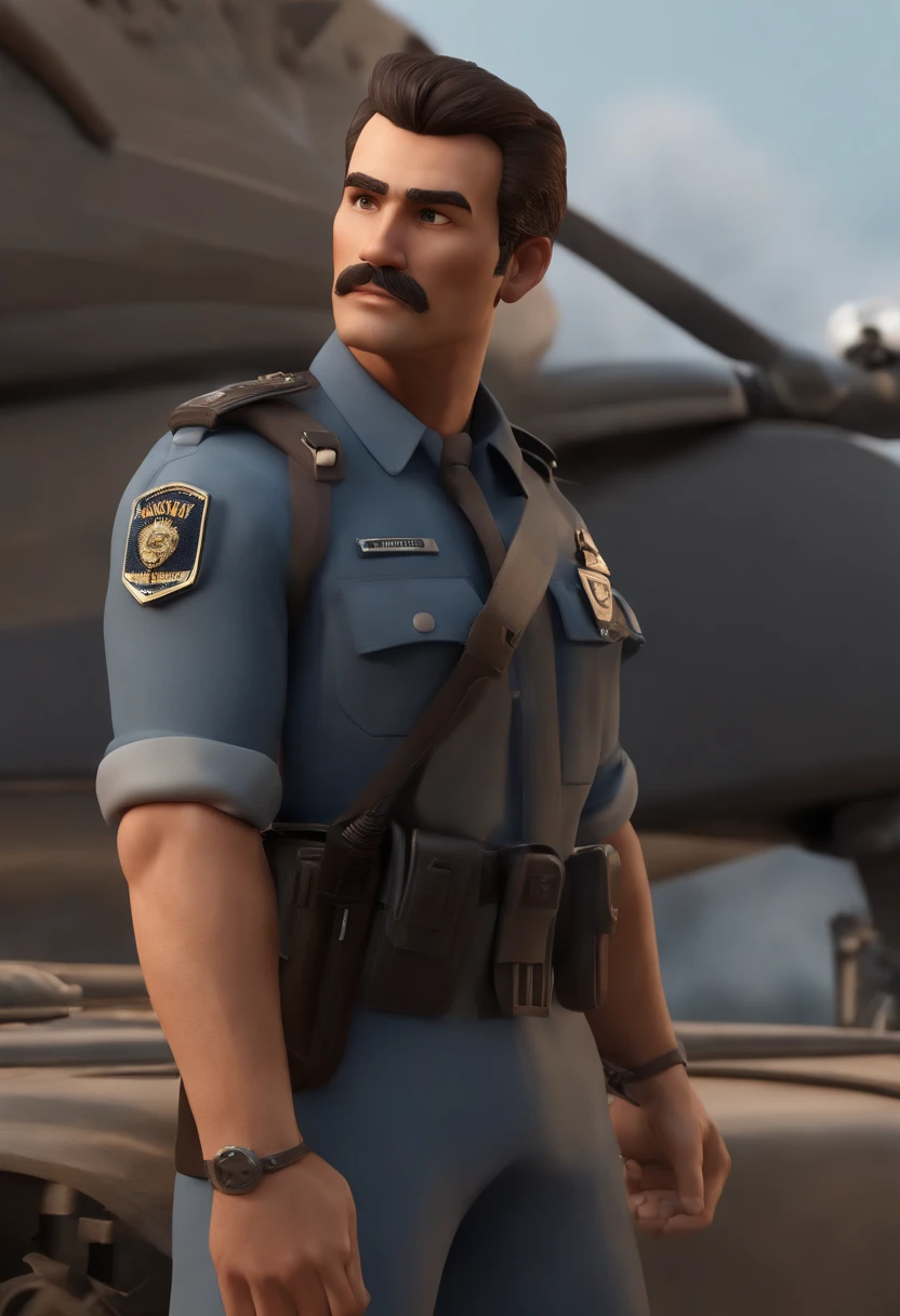 personagem dos desenhos animados de um homem com de camisa azul, pele parda, cabelo ondulado de cor castanho escuro, homem forte, estilo policial militar, animation character, Caractere estilizado, animation style rendering, 3D estilizado, 3 d render stylized, toon render keyshot, Personagem 3D, Personagem 3D, 3d rendering stylized, 3 d character render, personagem de desenho animado, Personagem de close up, Pose de personagem,  (Estilo Pixar) (master part:1.2) (Bokeh) (best quality) (pele detalhada) (textura detalhada) (8k) (argila) (Cinematic lighting) (foco nítido