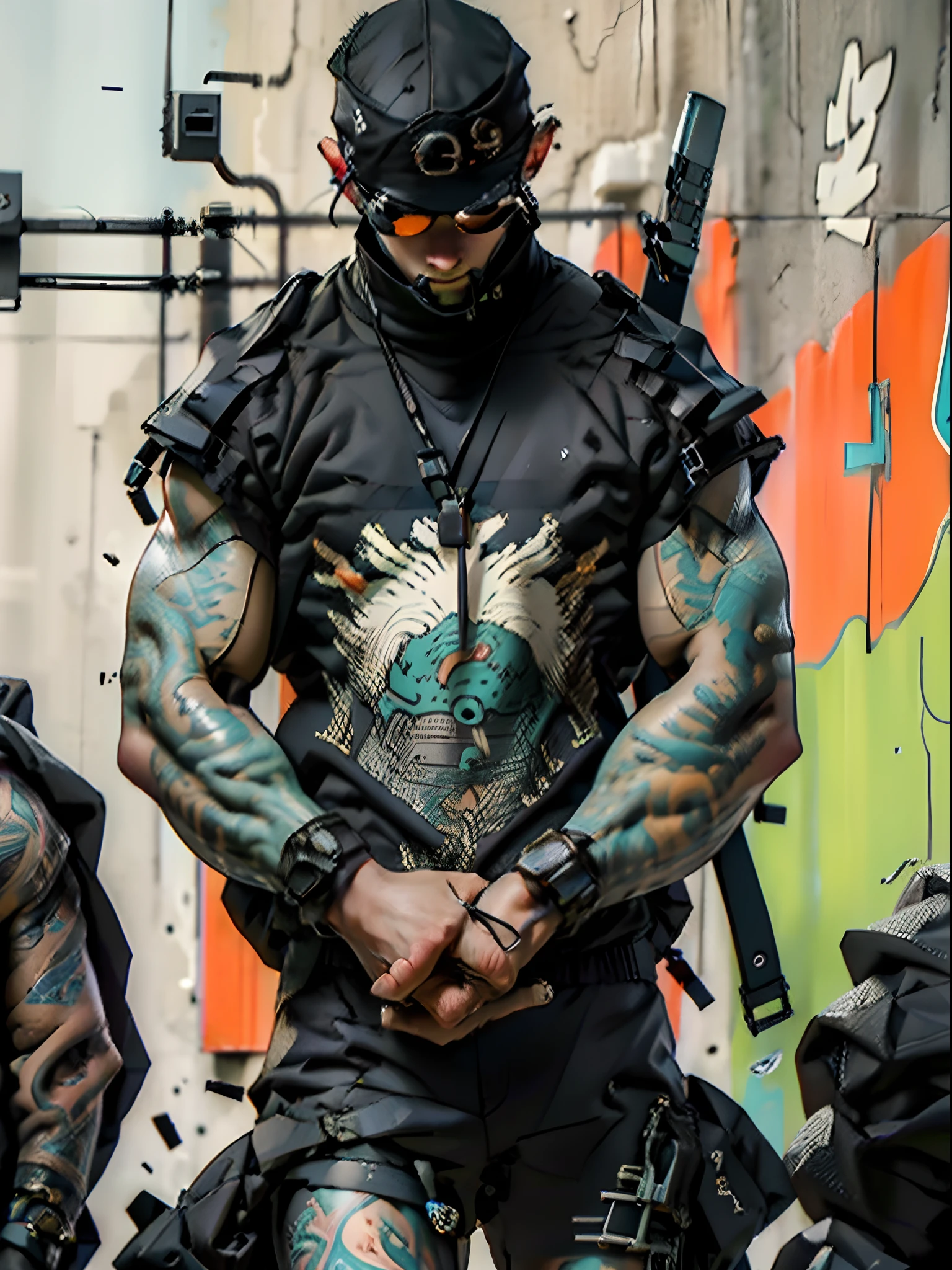 Best quality, masterpiece, ultra high resolution, surrealism, an 25 years old female, perfect body, brown eyes, tough look, full body standing on ground, assassin, weapons, assassin gear, cyberpunk, strong pose, military gloves, dark green army gear, black tank top, tight fitted armour, long slim legs, pantyhose, long black punk head, super exotic, dangerous looking, tattoos, punk rock, skinny