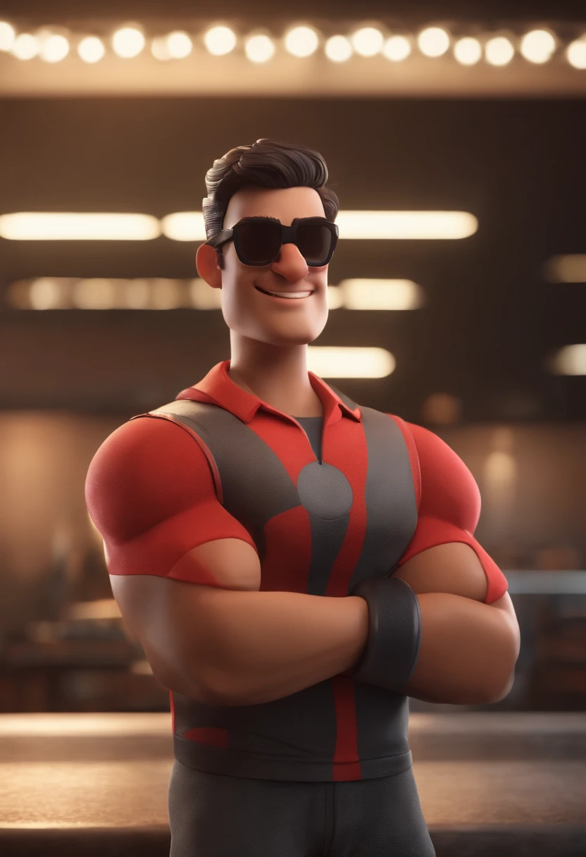 Cartoon character of a man with sunglasses and a red tank top with black horizontal stripes athlete, animation character, Caractere estilizado, animation style rendering, 3D estilizado, Arnold Maya render, 3 d render stylized, toon render keyshot, Personagem 3D, Personagem 3D, 3d rendering stylized, 3 d character render, personagem de desenho animado, Personagem de close up, Pose de personagem, (Estilo Pixar) (master part:1.2) (Bokeh) (best quality) (pele detalhada) (textura detalhada) (8k) (argila) (Cinematic lighting) (foco nítido