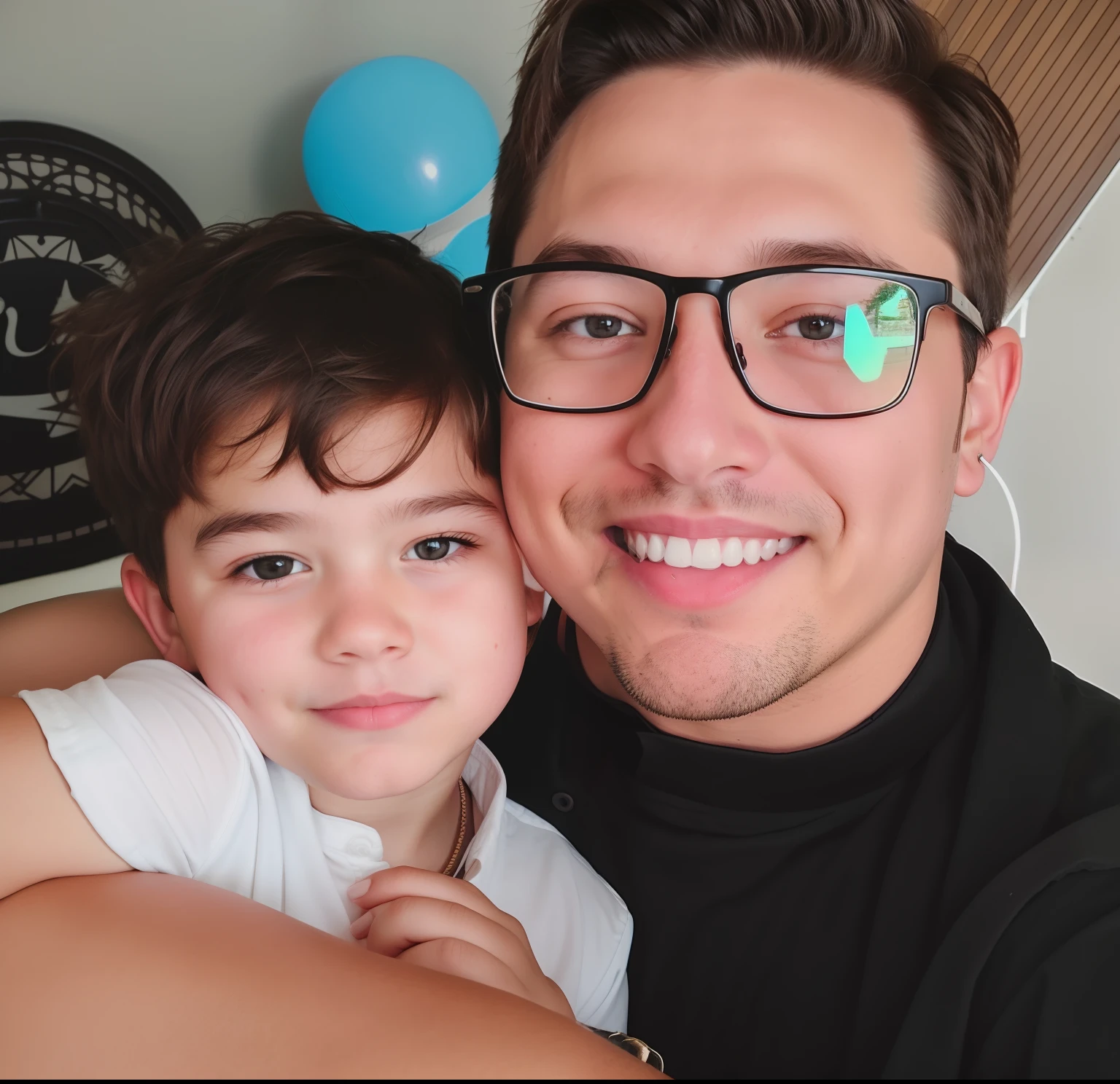 Father brown hair and glasses with son black hair and black eye