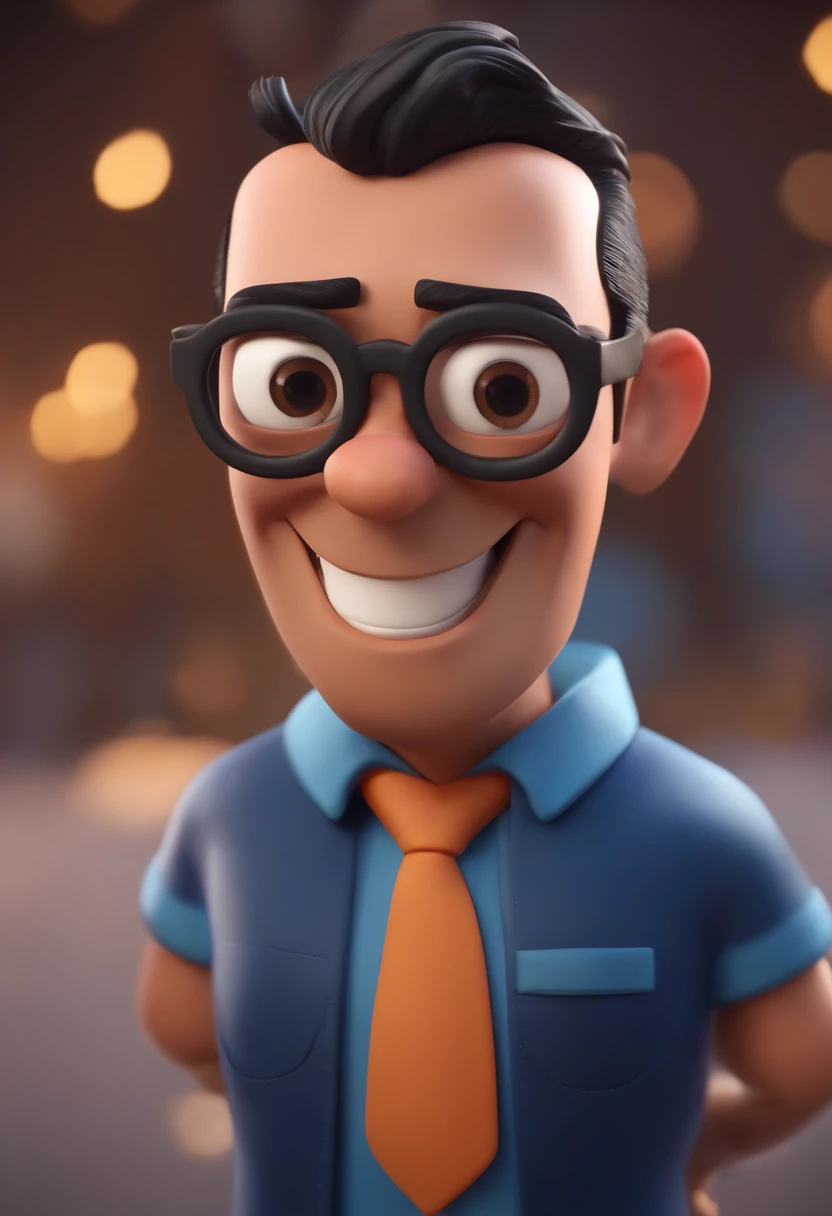 Cartoon character of a man wearing black glasses and a blue shirt, um personagem animado, Caractere estilizado, animation style rendering, 3D estilizado, Arnold Maya render, 3 d render stylized, toon render keyshot, Personagem 3D, Personagem 3D, 3d rendering stylized, 3 d character render, personagem de desenho animado, Personagem de close up, Pose de personagem, (Estilo Pixar) (master part:1.2) (Bokeh) (best quality) (pele detalhada) (textura detalhada) (8k) (argila) (Cinematic lighting) (foco nítido，Senta e vaza a parte superior do corpo