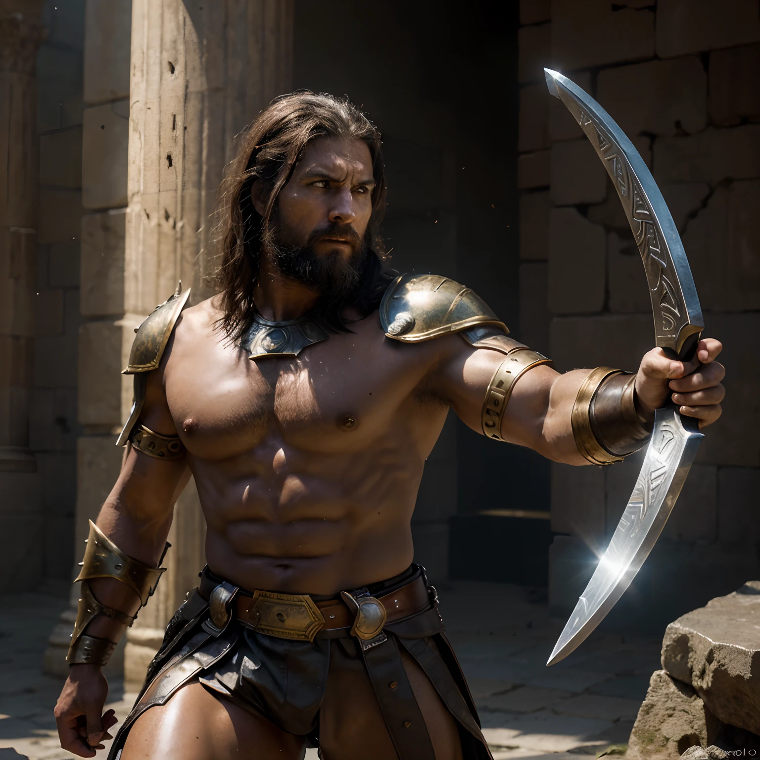 (best quality,4k,8k,highres,masterpiece:1.2),ultra-detailed,(realistic,photorealistic,photo-realistic:1.37),warrior,heroic,ancient,bronze sculpture,gladiator,brave,shiny round shield,sharp edged sword,sword-fighting,bearded man,towering helmet,red cape,muscular body,determined expression,battlefield,fierce battle,shouting,adrenaline rush,competitive spirit,valor,perseverance,dramatic lighting,vivid colors,iron chainmail armor,combat skills,strength and agility,Victory sign,war cries,ancient Greece,historical,legendary,imposing stance