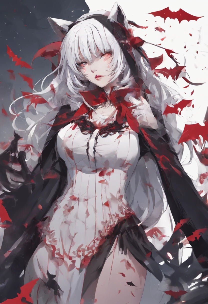Halloween：1.5，Black Wolf，Under the red moonlight，Big Red Moon，White hair：1.3，(​masterpiece、top-quality、top-quality、Beautifully Aesthetic:1.2)、(((Dark Halloween Mon Beauty)))、Cool pose、ighly detailed、colourfull、highestdetailed, Anatomically correct, nffsw, high details, Textured skin, 8K，perfect hand，perfect arms，Bloody tears