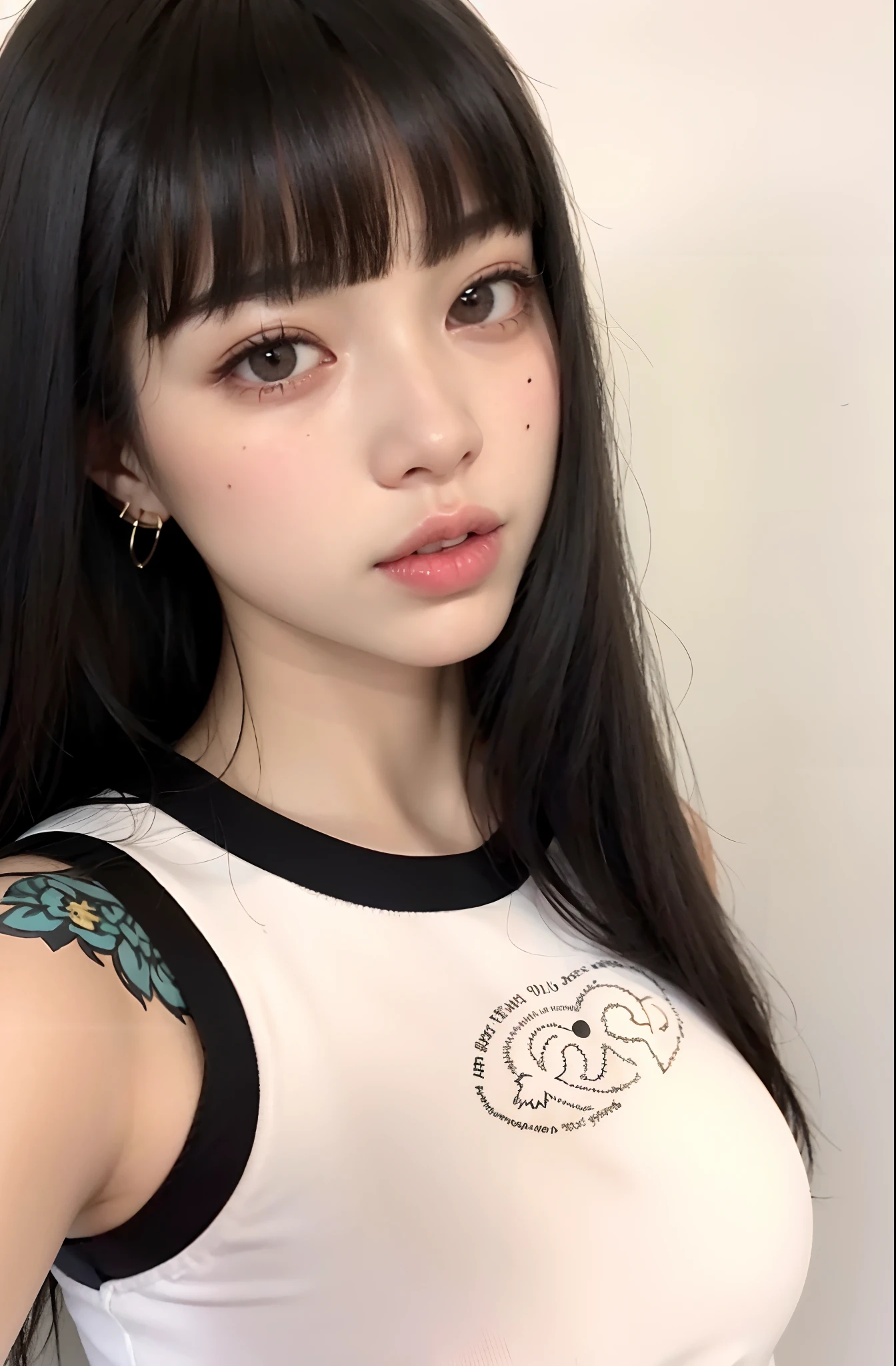 Un primer plano de una mujer con cabello largo con una camisa blanca, Ella tiene el pelo negro con flequillo, chica linda-fina-cara, Chica coreana, cruel korean goth girl, Lalisa Manobal, 🤤 girl portrait, ulzzang, Peinado blanco de corte hime, Cabello limpio con flequillo, con cabello largo y ojos penetrantes, Cabello negro Hime cortado