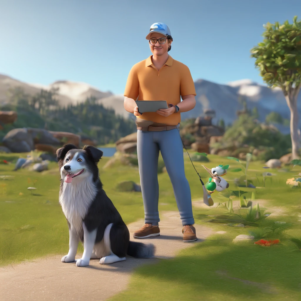 Sidney 45 anos, boy, com seu fiel amigo, phoebe, o cachorro border collie, deitados no jardim. wears cap, glasses and headset. Trabalha ilustrando paredes