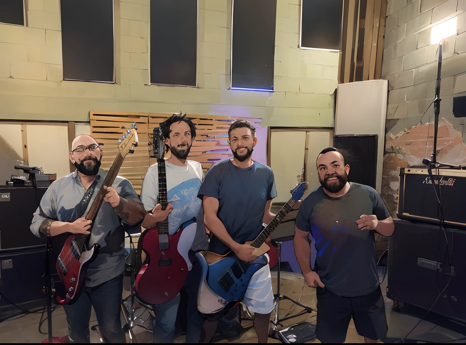 There's four men together with guitars in a recording studio, holding electric guitars, segurando guitarras, badass composition, explosions in the background, explosions on the background, in a studio hollow, with leviathan axe, In the background, Feliz!!!, tocando guitarra, Foto promocional, Directed by: Juan O'Gorman, Ensaio Promocional, Foto de um ensaio promocional, Foto promocional da banda, em segundo plano