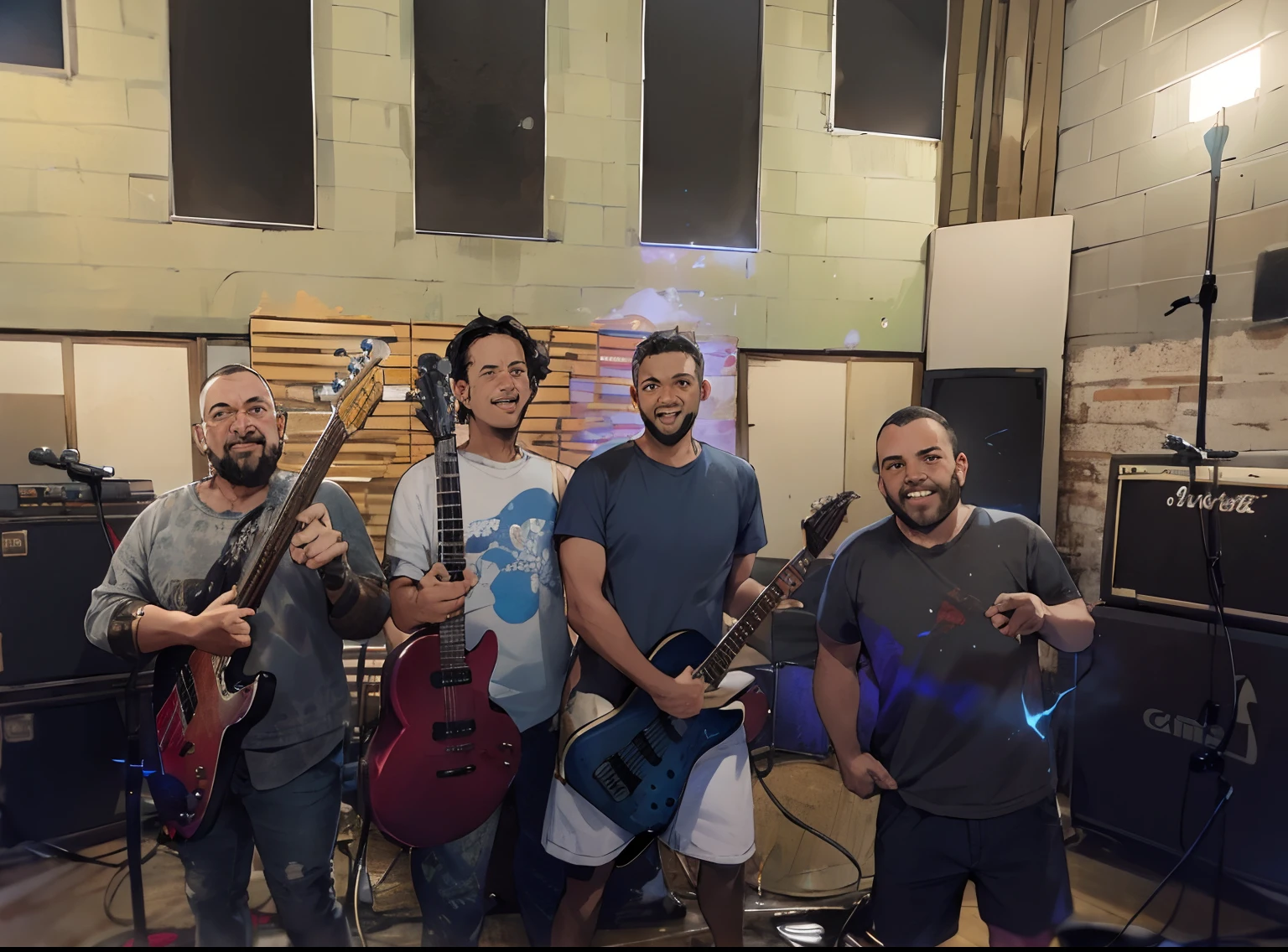 There's four men together with guitars in a recording studio, holding electric guitars, segurando guitarras, badass composition, explosions in the background, explosions on the background, in a studio hollow, with leviathan axe, In the background, Feliz!!!, tocando guitarra, Foto promocional, Directed by: Juan O'Gorman, Ensaio Promocional, Foto de um ensaio promocional, Foto promocional da banda, em segundo plano