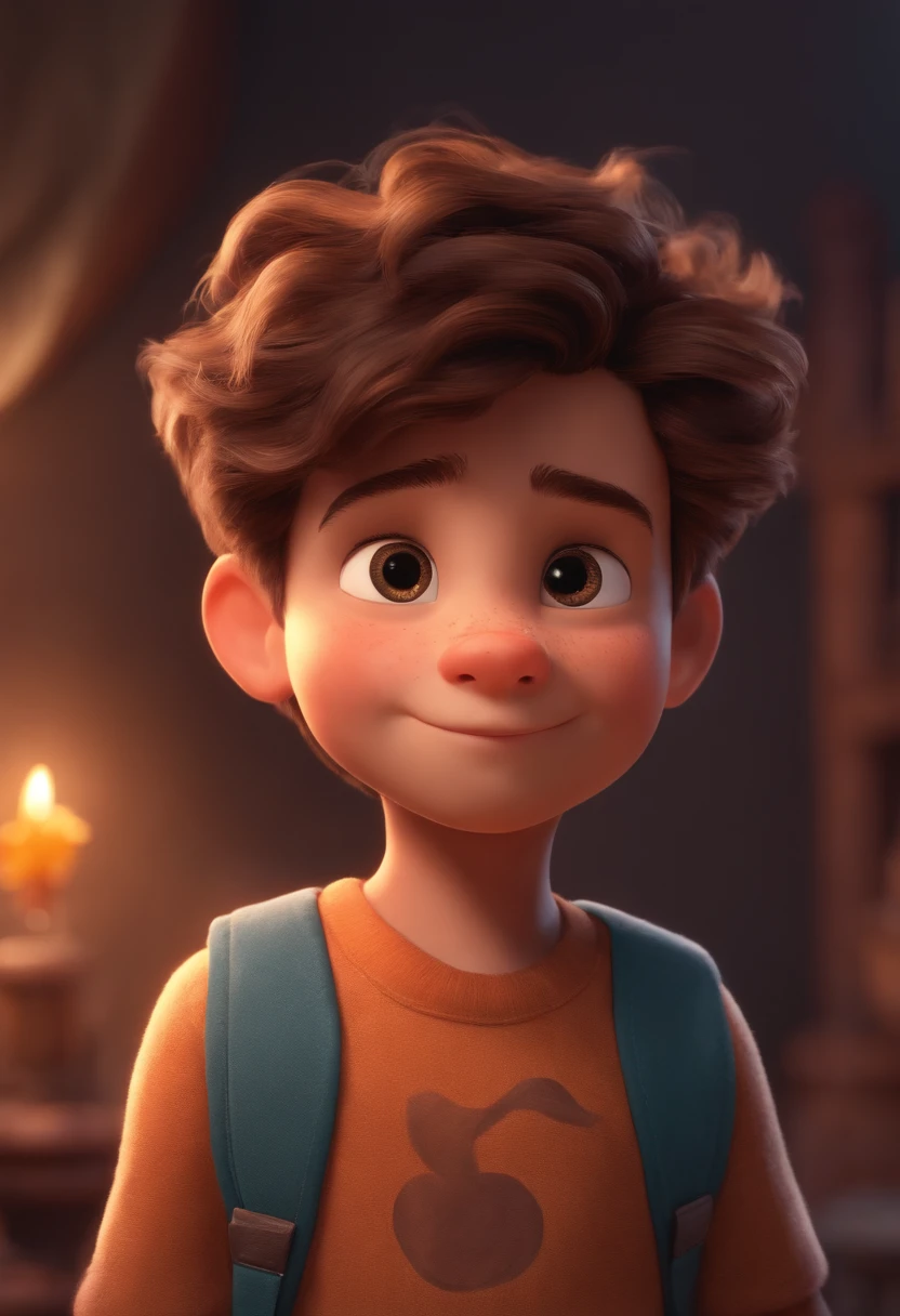Image of a boy for a story in a YouTube video in Pixar format, He's the little allabester, He's the class leader, He's outgoing, Playful and gets up for a lot of things, cabelo curto