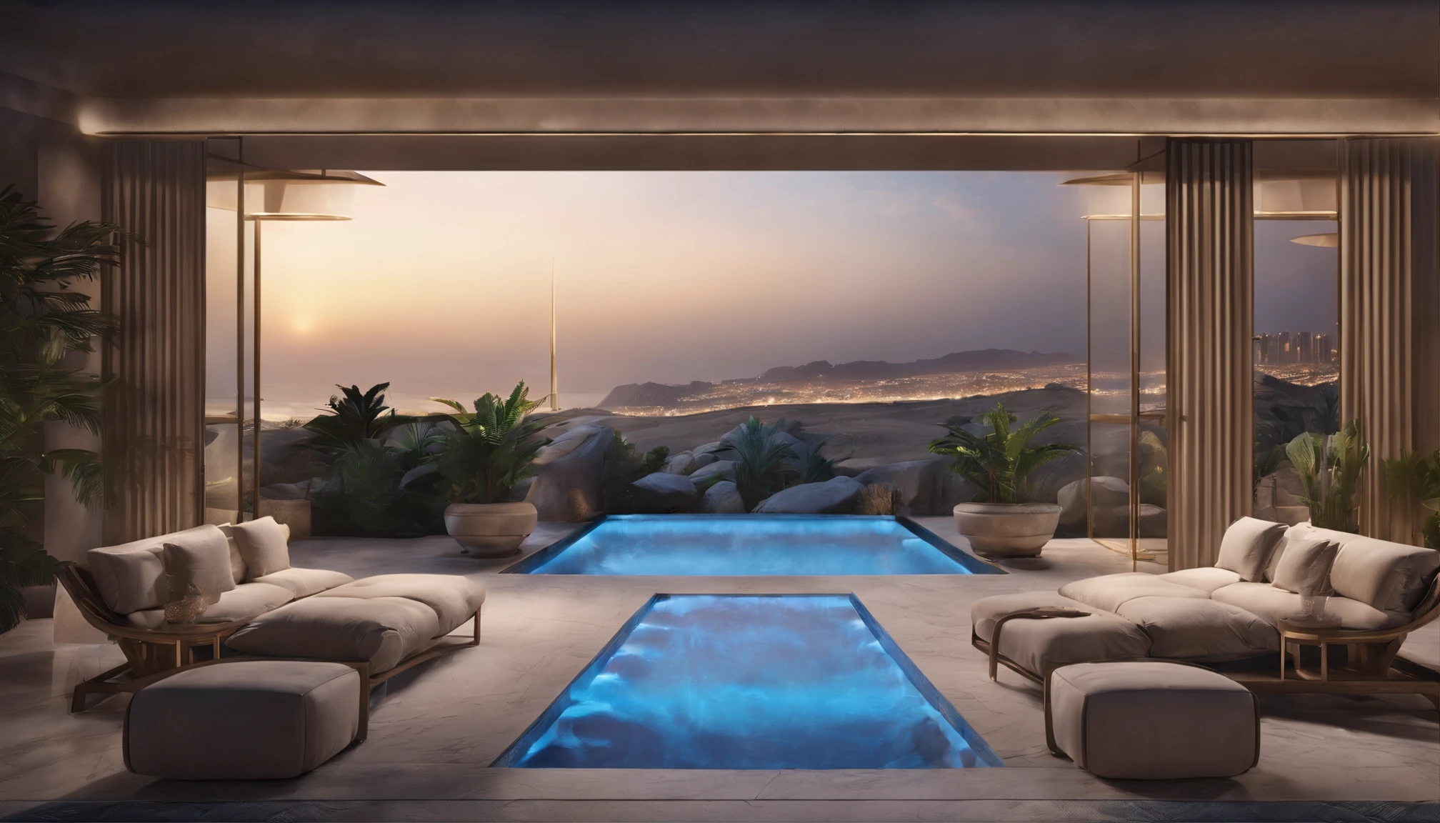 (((Night in Dubai))),((Tower Hotel)),Mountains and seas in the distance,((The outdoor living room on the hill is a large open veranda)),Moody ocean blue pool,((A strong blue light lit up from the bottom of the pool envelops the area)),(High-quality flooring by the pool),Cushions for relaxation,(Starry sky),Mysterious Sea,4k,An ultra-high picture quality,Luxury space,Moody indirect lighting,houseplant,rich,Rich,VIP,VIP Moments