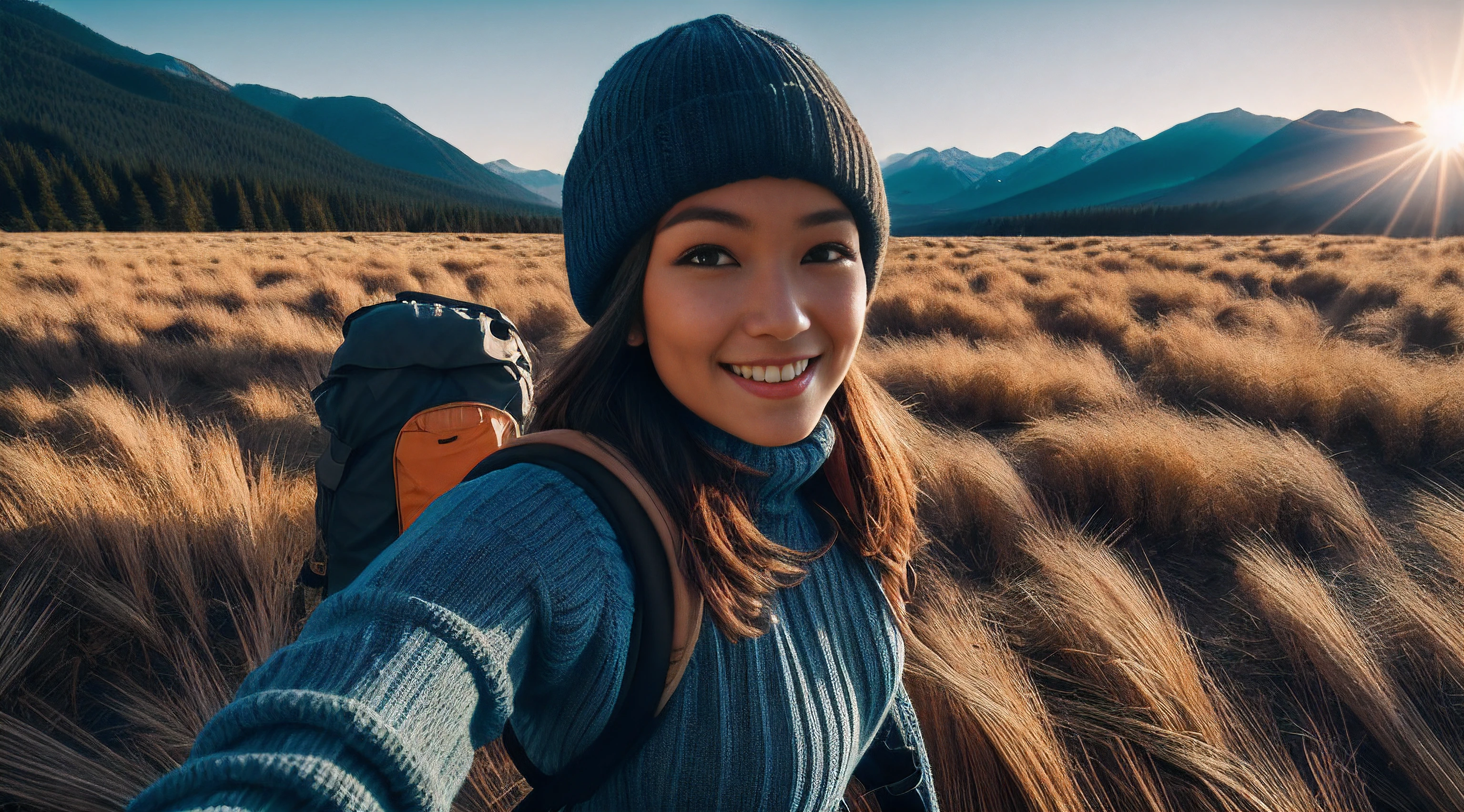 1 woman ((upper body selfie, happy)), masterpiece, best quality, ultra-detailed, solo, outdoors, (night), mountains, nature, (stars, moon) cheerful, happy, backpack, sleeping bag, camping stove, water bottle, mountain boots, gloves, sweater, hat, flashlight, forest, rocks, river, wood, smoke, shadows, contrast, clear sky, analog style (look at viewer:1.2) (skin texture) (film grain:1.3), (warm hue, warm tone:1.2), close up, cinematic light, sidelighting, ultra high res, best shadow, RAW, upper body, wearing pullover