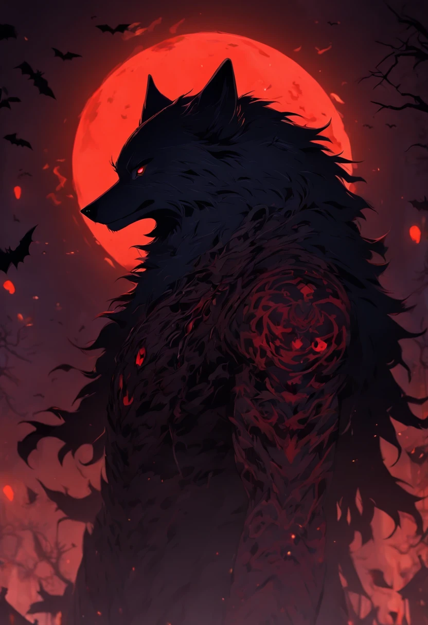 Halloween:1.5,Black Wolf,Under the red moonlight,Big Red Moon,White hair:1.3,(masterpiece、top-quality、top-quality、Beautifully Aesthetic:1.2)、(((Dark Halloween Mon Beauty)))、Cool pose、ighly detailed、colourfull、highestdetailed, Anatomically correct, nffsw, high details, Textured skin, 8K,perfect hand,perfect arms,Bloody tears