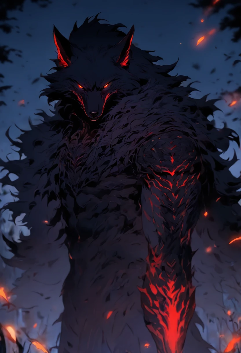 a dark black wolf, glowing red eyes, soft fluffy fur covering its entire body, cinematic lighting, highly detailed, photorealistic, 8k, dramatic composition, moody atmosphere, chiaroscuro lighting, dramatic lighting, dramatic shadows, dark palette, muted colors, cinematic, epic, imposing, powerful, majestic