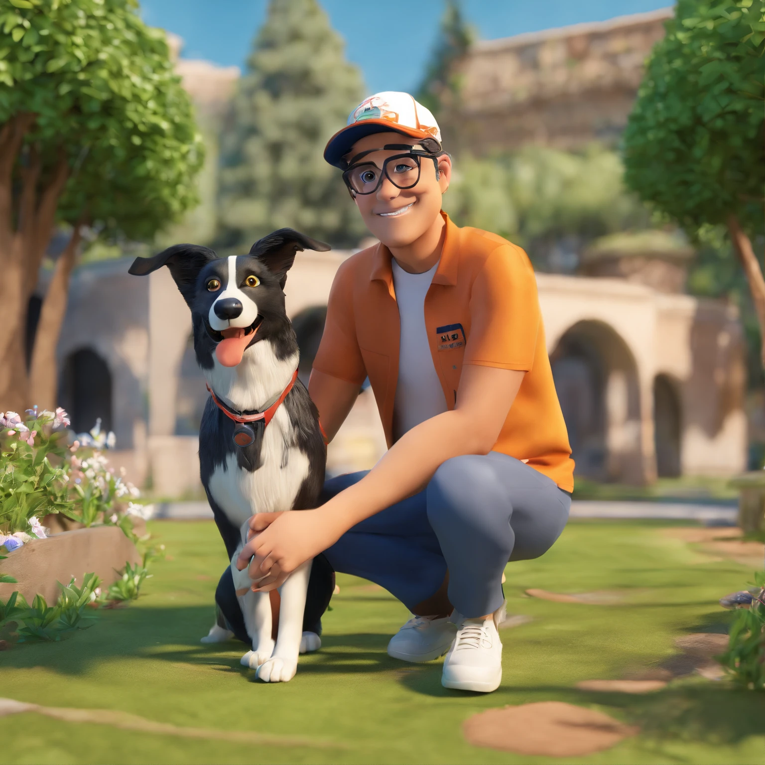 Sidney 45 anos, boy, com seu fiel amigo, phoebe, o cachorro border collie, deitados no jardim. wears cap, glasses and headset. Trabalha ilustrando paredes