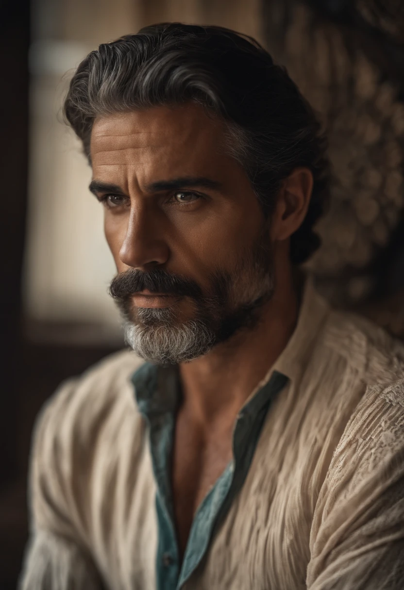 Homem misterioso, olhos castanhos dourados, olhando fixamente, serious posture