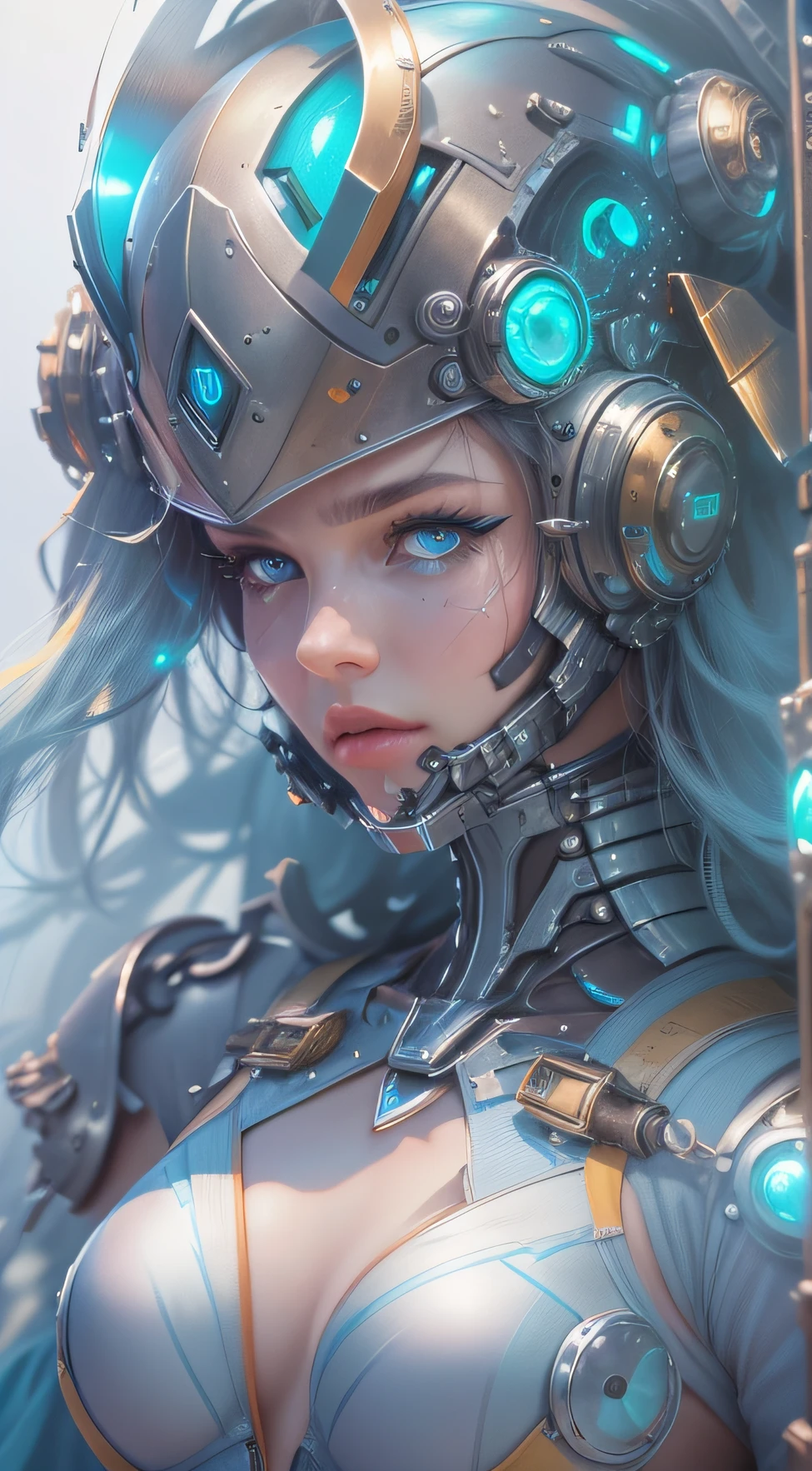 Future mechanical girl,((Vitreous blue eyes)),Ethereal,Futuristic technology,Metal exoskeleton,Luxurious futuristic fashion,Metal mechanical limbs,Mechanical torso,Seamless integration of man and machine,Utopian cityscape in the background,Expressive and captivating gaze,High-resolution portraits with vibrant colors and intricate details,Awesome artwork. (Best quality,4K,8K,A high resolution,Masterpiece:1.2),Ultra-detailed,(Realistic,Photorealistic,photo-realistic:1.37),hdr,hyper HD,Studio lighting,Ultra-fine painting,Sharp focus,Physically-based rendering,Extreme detail description,professional,Vivid colors,Bokeh,sportrait,Concept artist