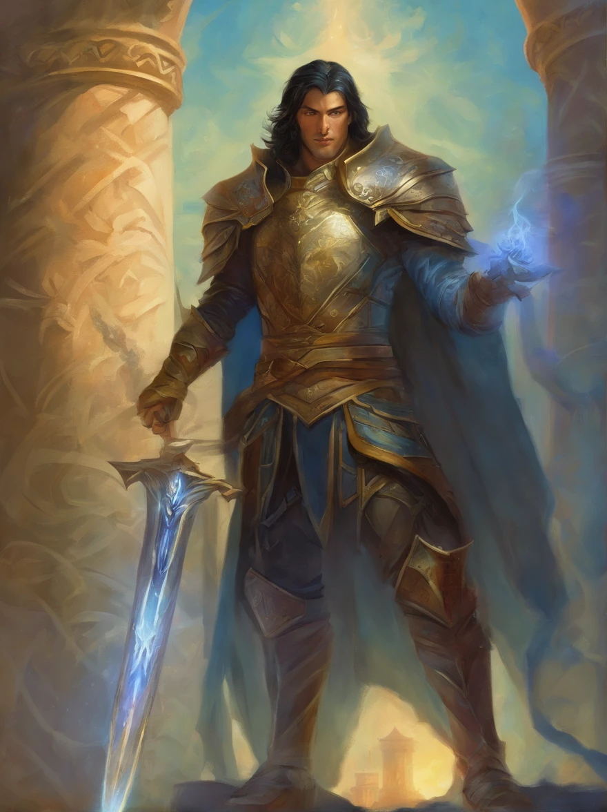 male, shadar-kai, painting by donato giancola and ben templesmith, paladin, blçack eyes, short black hair, tall, with pale skin, mid age, using a great sword, black hair, no pupils, hollow eyes, evil smile, shaded, Gothic art, god rays, depth of field, masterpiece