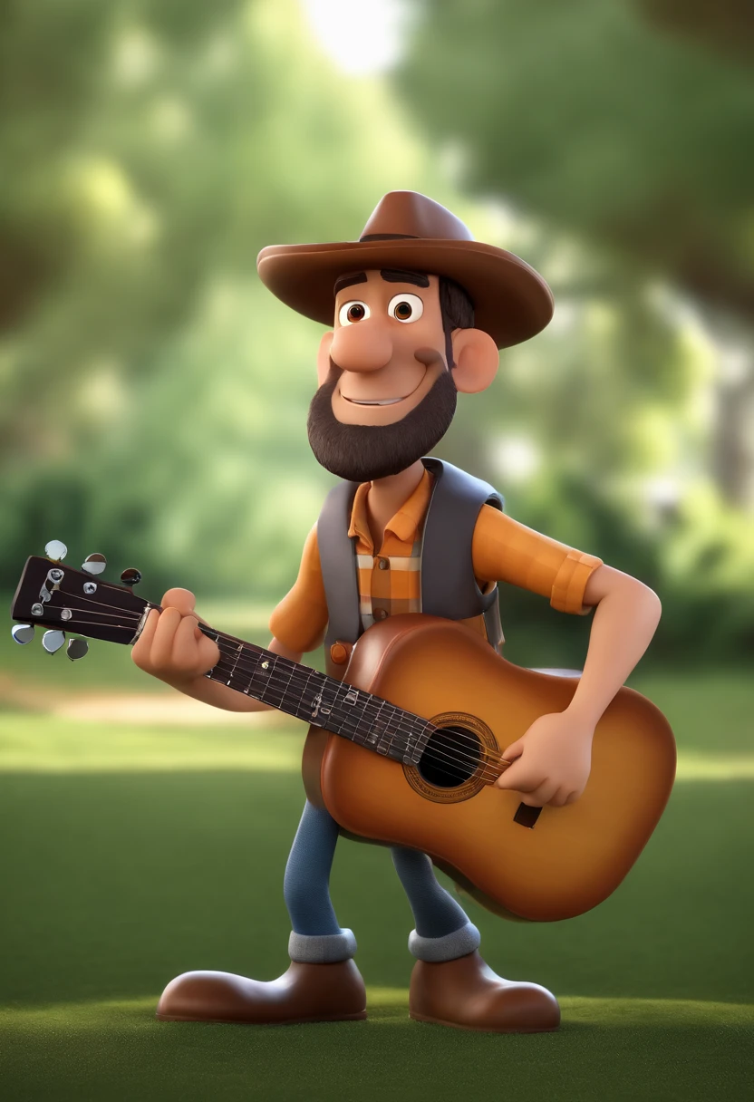 Personagem dos desenhos animados, Rufus o Lenhador, com barba com camisa xadrez, roqueiro, tocando Guitarra Stratocaster, White man standing, animation character, Caractere estilizado, animation style rendering, 3D estilizado, Arnold Maya render, 3 d render stylized , toon render keyshot, Personagem 3D, Personagem 3D, 3d rendering stylized, 3 d character render, personagem de desenho animado, Personagem de close up, Pose de personagem, (Estilo Pixar) (master part:1.2) (Bokeh) (melhor qualidade) (pele detalhada) (specific texture) (8k) (argila) (Cinematic lighting) (foco nítido