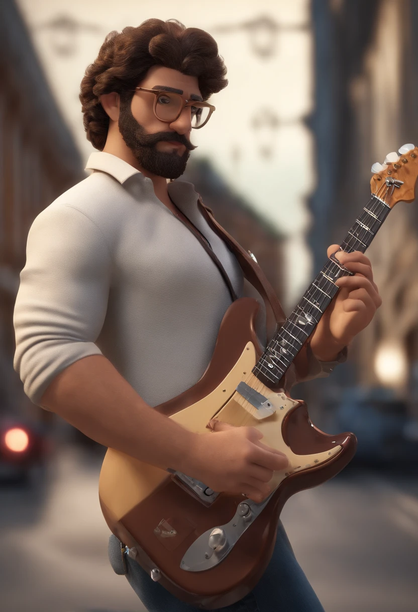 Personagem dos desenhos animados, Rufus o Lenhador, com barba com camisa xadrez, roqueiro, tocando Guitarra Stratocaster, White man standing, animation character, Caractere estilizado, animation style rendering, 3D estilizado, Arnold Maya render, 3 d render stylized , toon render keyshot, Personagem 3D, Personagem 3D, 3d rendering stylized, 3 d character render, personagem de desenho animado, Personagem de close up, Pose de personagem, (Estilo Pixar) (master part:1.2) (Bokeh) (melhor qualidade) (pele detalhada) (specific texture) (8k) (argila) (Cinematic lighting) (foco nítido