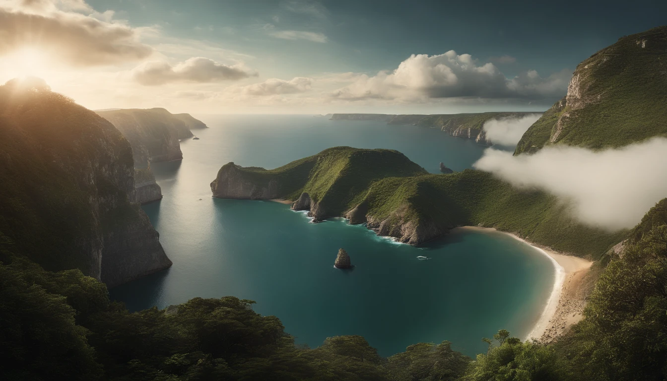 Game poster of Ethertia, science fiction, fantasy, ether particles in far sky. endless sea, island with huge cliffs and dense giant trees. The sky has a fantasy effect, and the edge of the world is composed of sci-fi ether particles, like an edge-breaking distortion of an ether effect. sci fi, ultra realistic, nature,