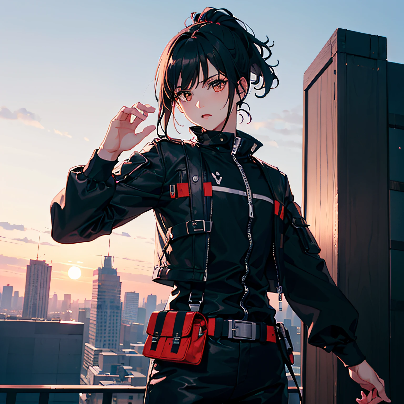 (((best quality, masterpiece))), (sfw:1.5),2 magical demon hunters in plain clothes on top of a building, 1boy1girl, 1boy, young adult, thin beard, ruffled hair, black hair, focused expression, ((black jacket with dark blue accents, inner shirt, covered upper body)), long pants, utility belt, brown eyes, slender build, BREAK 1girl, teenage, cute face, shoulder length hair, black hair, ponytail, focused expression, ((normal black jacket with red accents, tight white inner shirt, covered upper body)), long pants, utility belt, brown eyes, slender build, B-cup chest, (looking to the side, on top of a building), (cool looking pose), (fully clothed:1.5), (establishing shot:1.5), (back to back), cinematic, volumetric lighting, moonlight, night time, city lights, (highly detailed face:1.5)