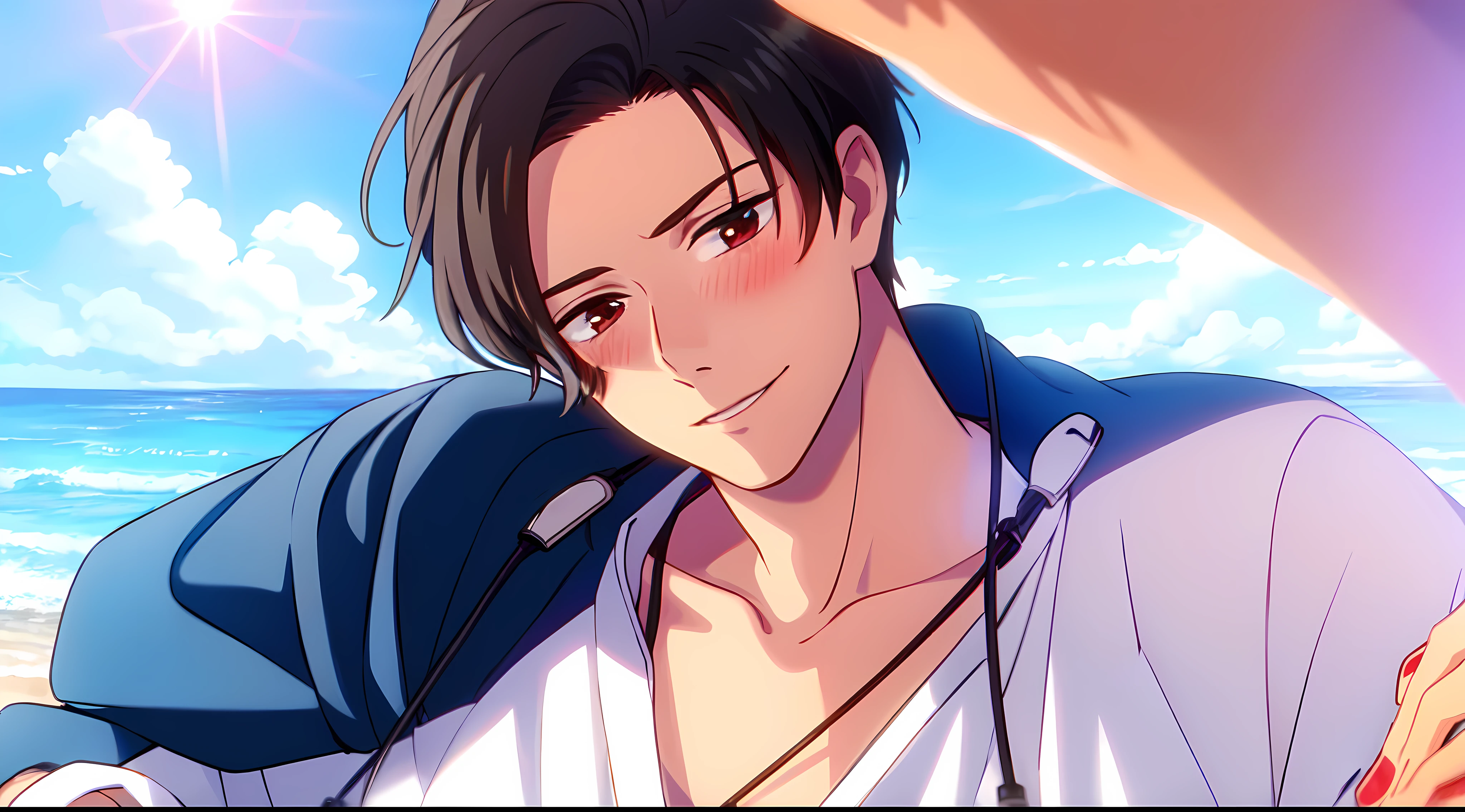 masterpiece, (1Boy), luci, red eyes, black hair, look at viewer, blush, light smile, SHINKAI MAKOTO, (Beach), close up, (blue sky), (colared white shirt)