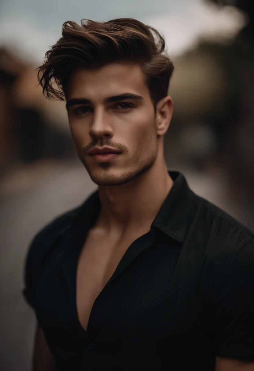 Retrato de um modelo masculino bonito, 20 anos, mais nu, imberbe, com cabelos curtos cacheados, Thick lips and with black shirt