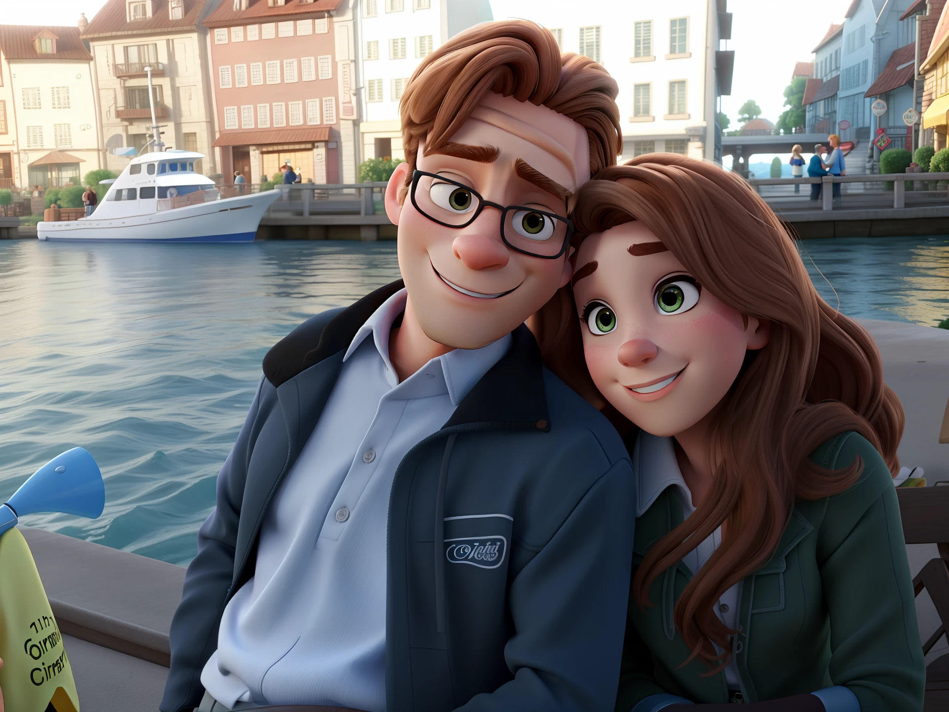 romantic couple, igual aos filmes Disney Pixar a man with blond hair and a woman with brown hair high quality