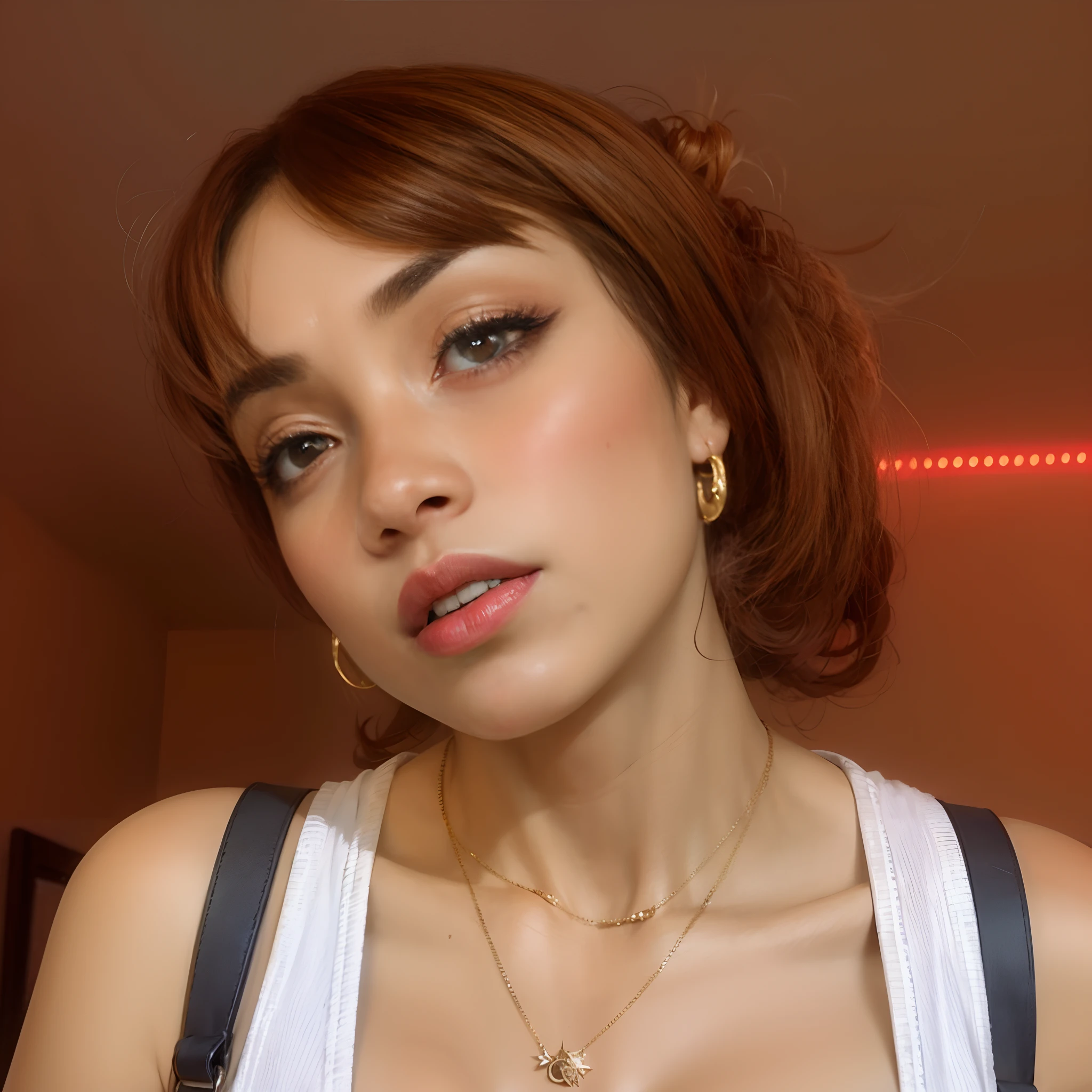 there is a woman with a necklace on her neck, copper hair and large eyes, madison beer as leeloo, 🤤 girl portrait, sultry look, brown hair and large eyes, 90s make-up, detailed flawless face, sexy face with full makeup, golden hour look, egyptian facial features, straight teeth, wearing thick hoop earrings