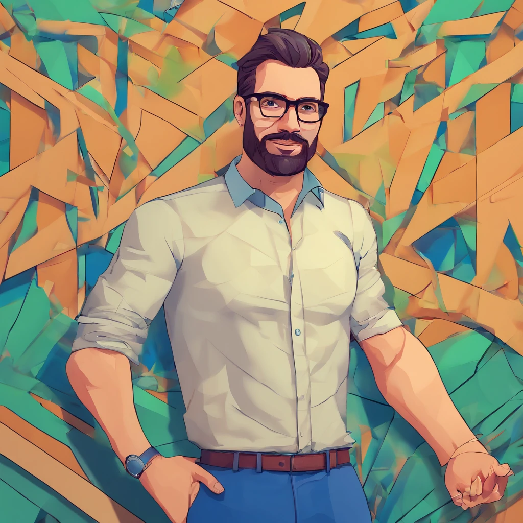 Homem de 34 anos, de cor parda com cabelos curtos, ondulados, Blue frame glasses, quadrados, testa grande, orelha grande, barba por fazer usando uma camisa social verde