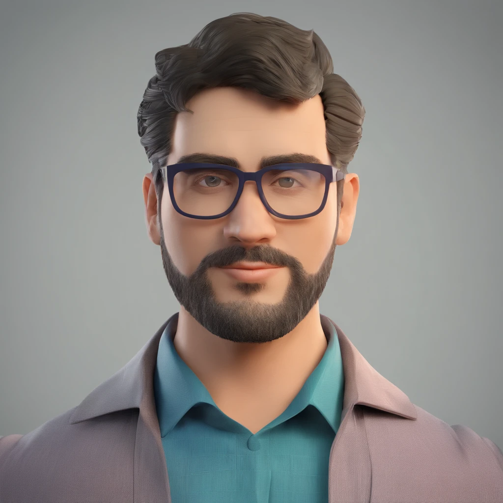 Homem de 34 anos, de cor parda com cabelos curtos, ondulados, Blue frame glasses, quadrados, testa grande, orelha grande, barba por fazer usando uma camisa social verde