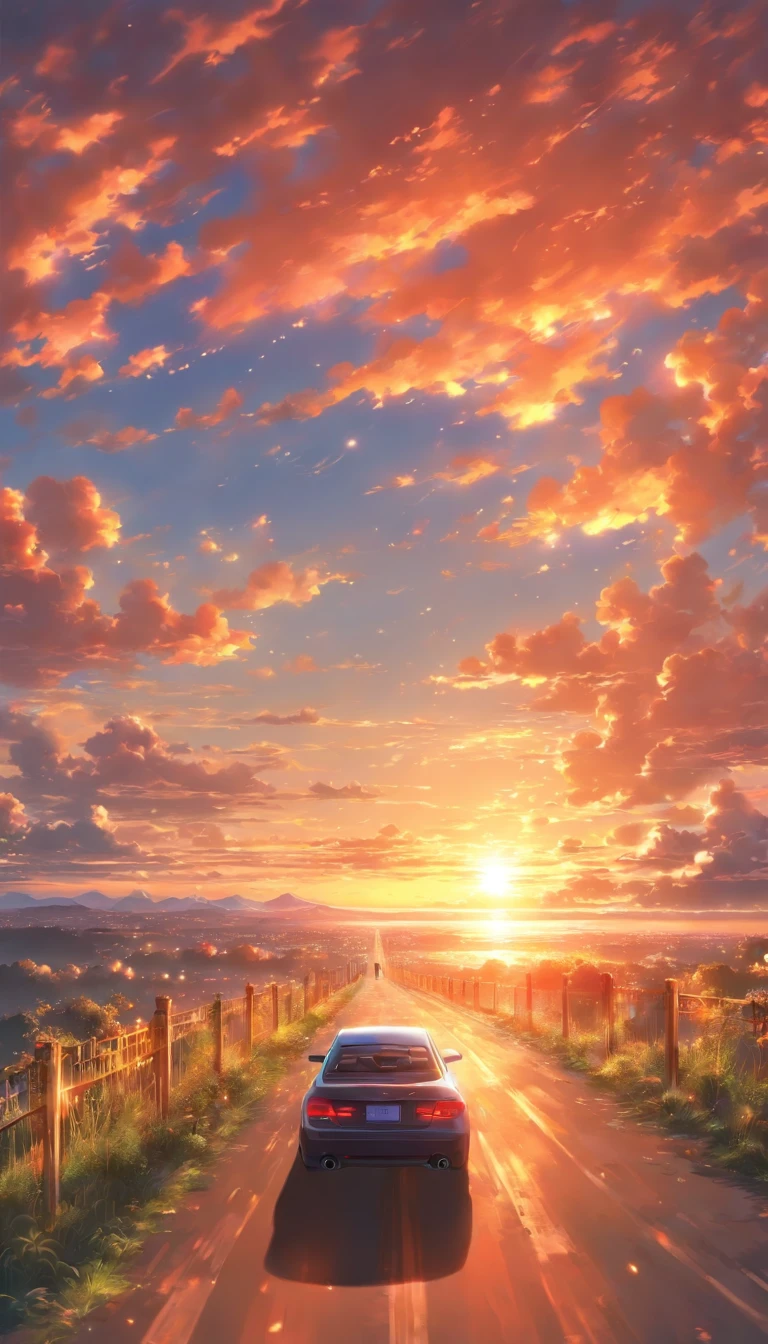 Moving car.The never-ending road.Sunset、The sky is dyed with beautiful colors。Fantastic sky. crystal clear skies.High quality down to the smallest detail. fantastic landscape . People are far away