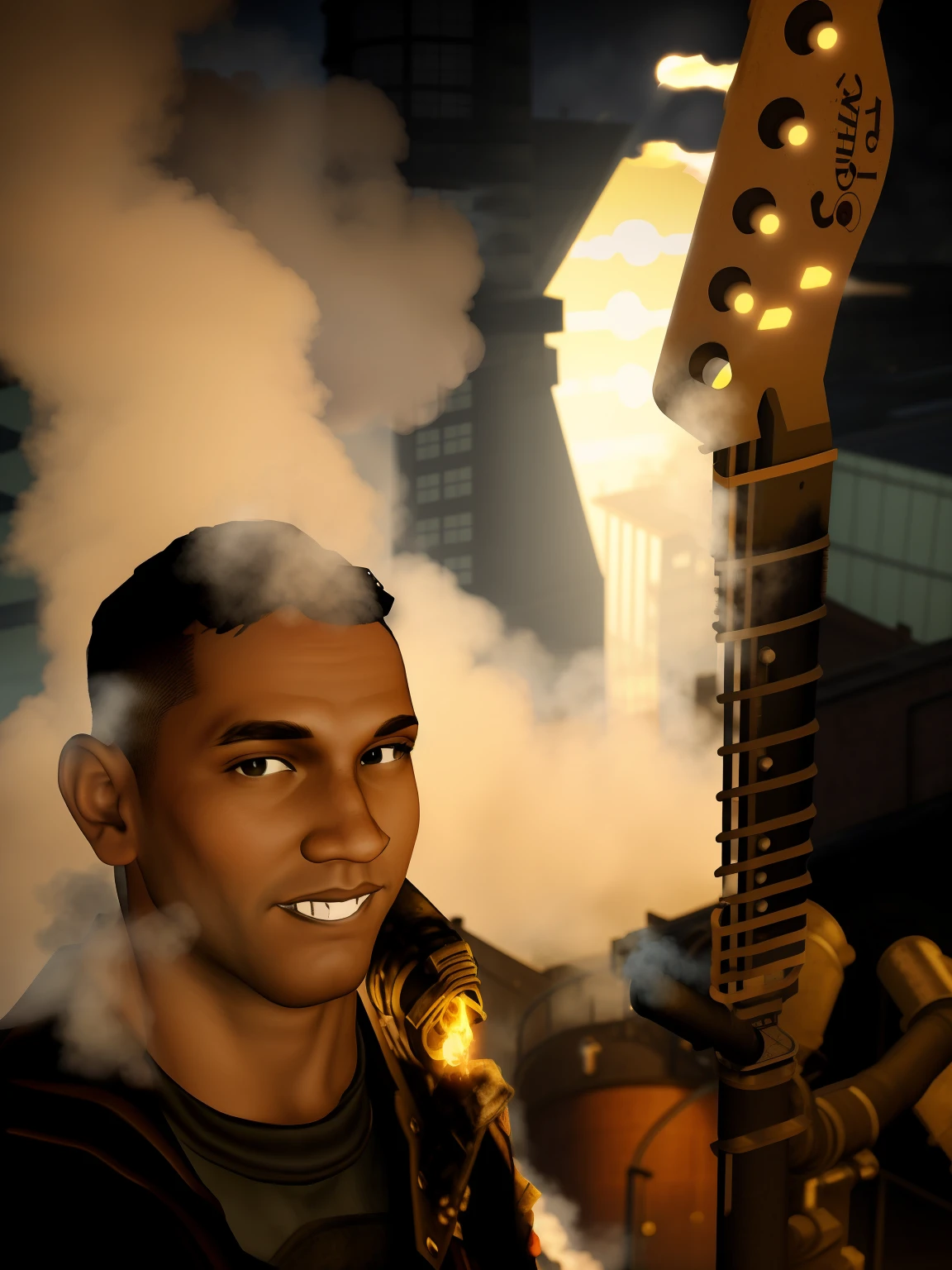 Cidade Industrial, cercado por parede, Steampunk, enferrujado e pesado, smoke billowing, chimney, factories, Engrenagens, maquinaria, tall buildings, Torres, steam power, tubos de vapor, street lighting, (Cinematic lighting:0.8, Super Detalhe, florescer)