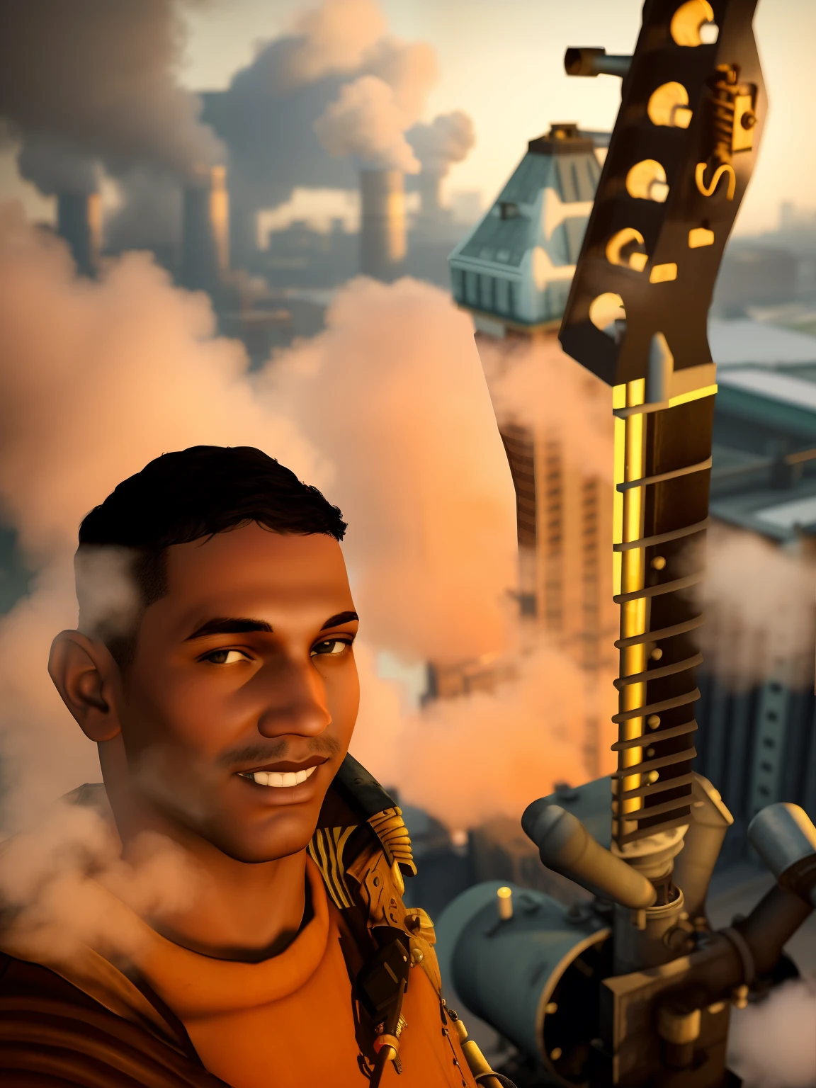 Cidade Industrial, cercado por parede, Steampunk, enferrujado e pesado, smoke billowing, chimney, factories, Engrenagens, maquinaria, tall buildings, Torres, steam power, tubos de vapor, street lighting, (Cinematic lighting:0.8, Super Detalhe, florescer)