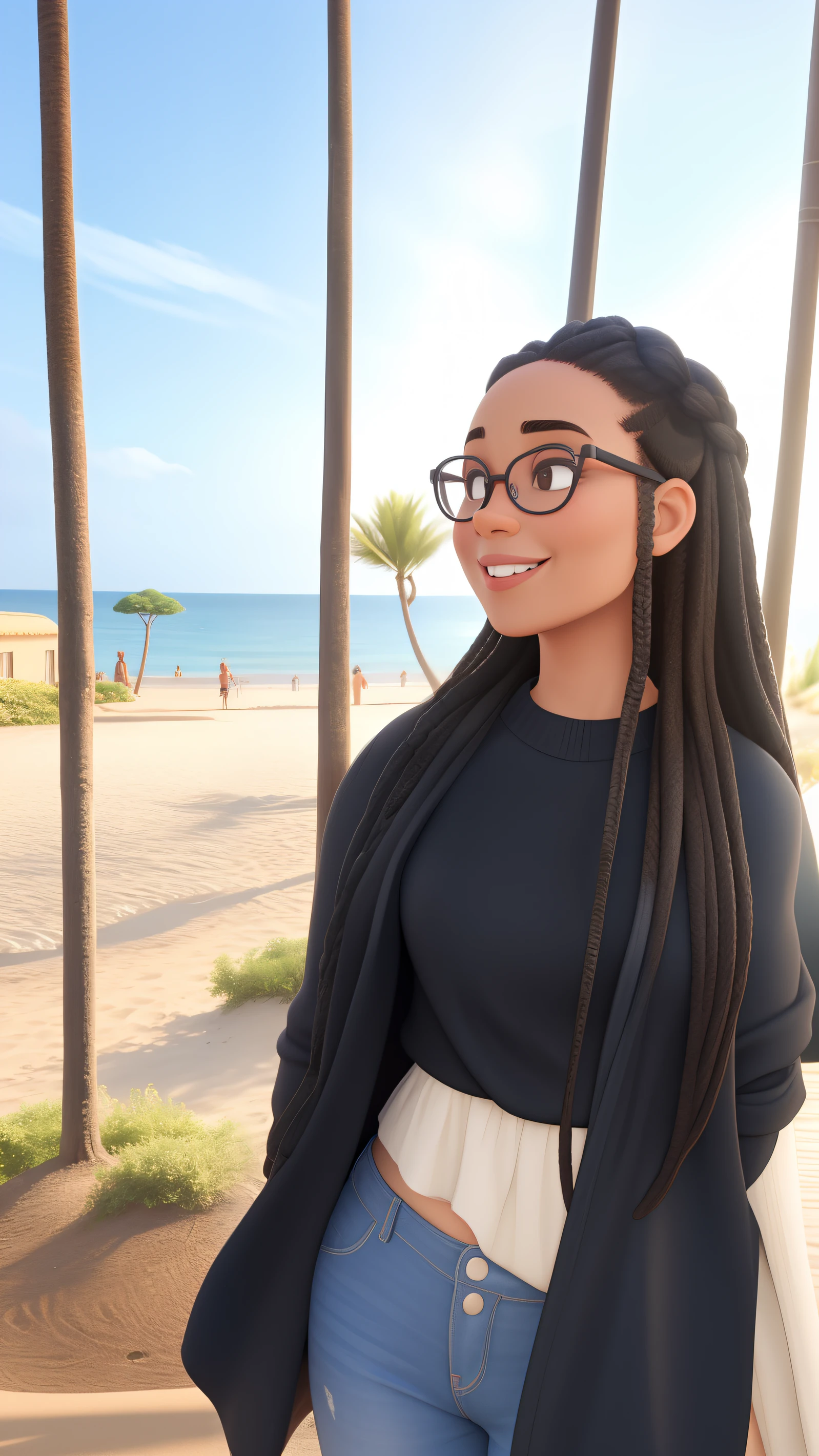 A 30-year-old woman in glasses with a beautiful smile and African braids near the beach pixar style